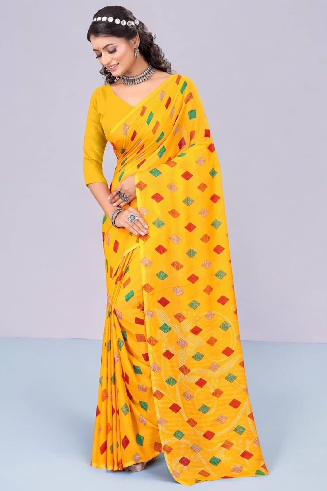 Vibhagyaa Georgette Printed Saree With Unstitched Blouse Piece ( Yellow ) Vibhagyaa Georgette Printed Saree With Unstitched Blouse Piece ( Yellow )