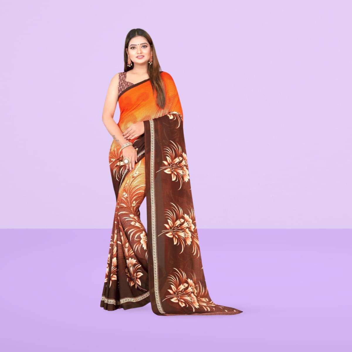 Vibhagyaa Georgette Printed Saree With Unstitched Blouse Piece ( Orange )     			Vibhagyaa Georgette Printed Saree With Unstitched Blouse Piece ( Orange )
