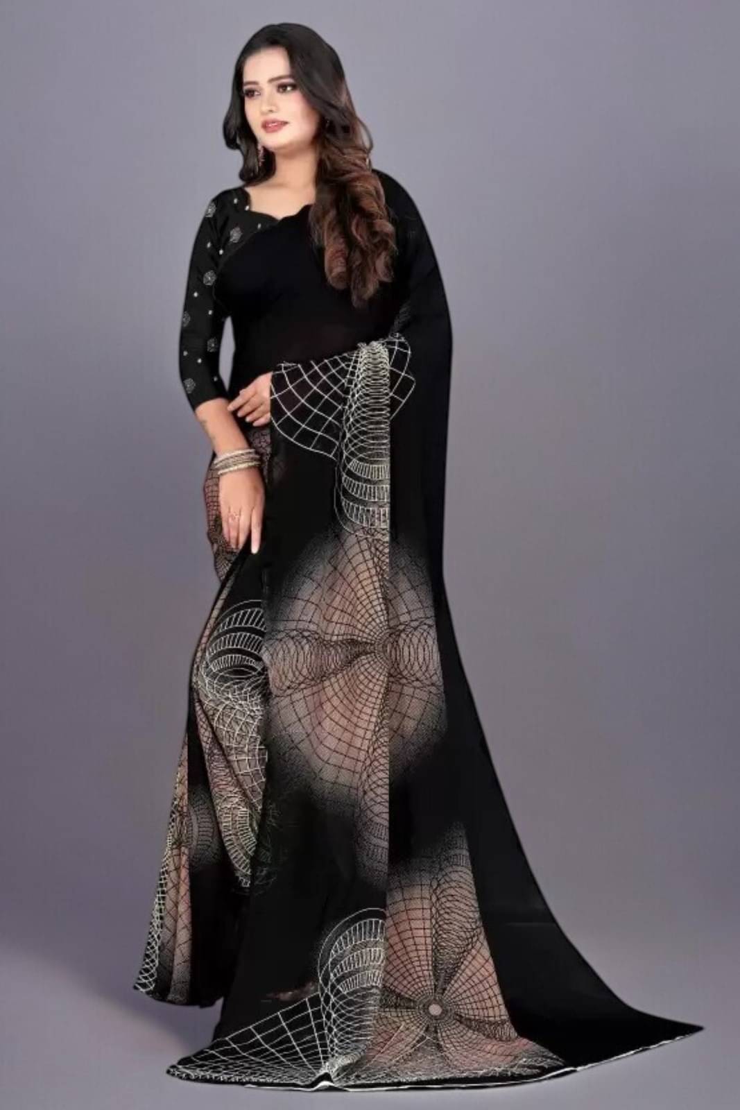     			Vibhagyaa Georgette Printed Saree With Unstitched Blouse Piece ( Black )