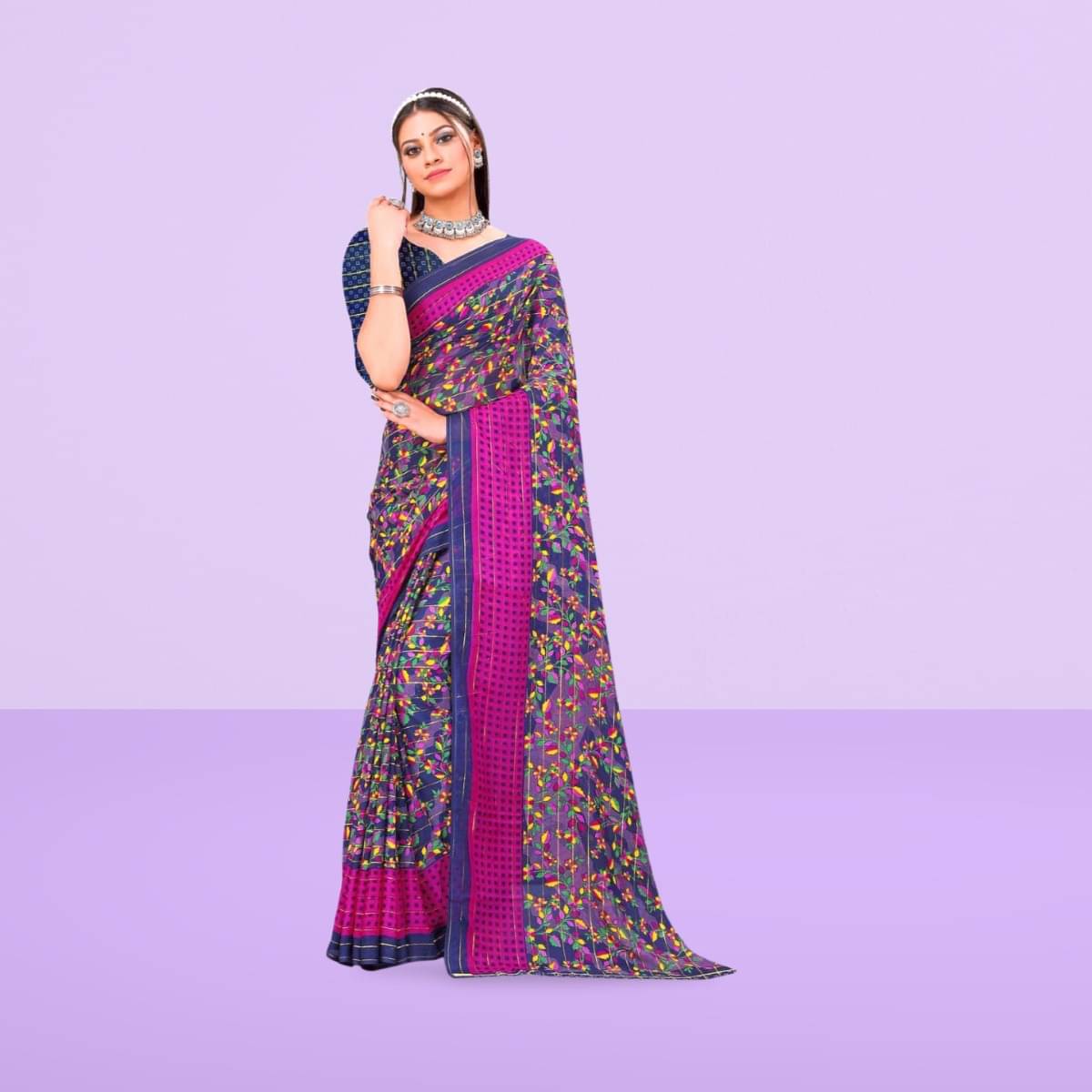     			Vibhagyaa Georgette Printed Saree With Unstitched Blouse Piece ( Pink )