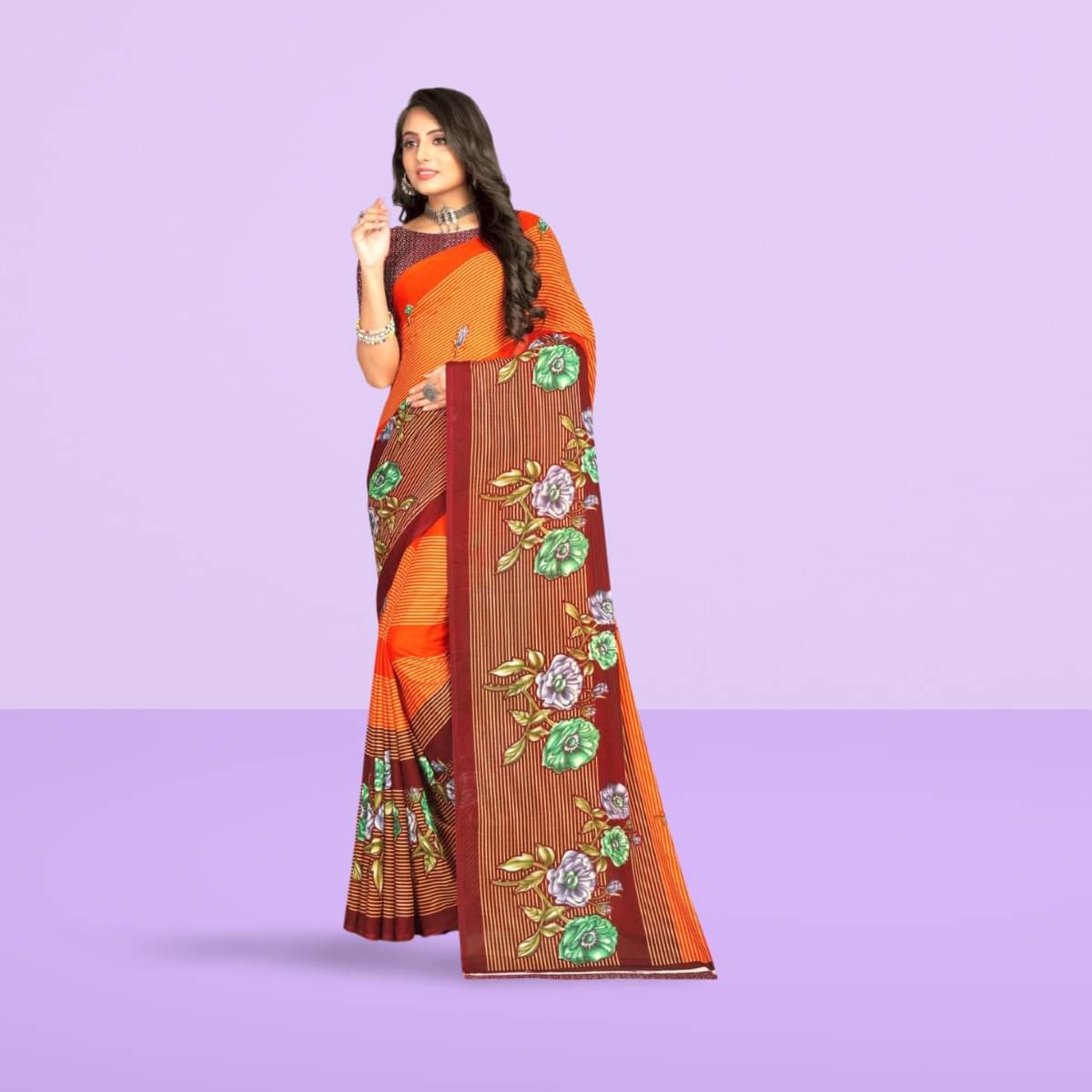     			Vibhagyaa Georgette Printed Saree With Unstitched Blouse Piece ( Orange )
