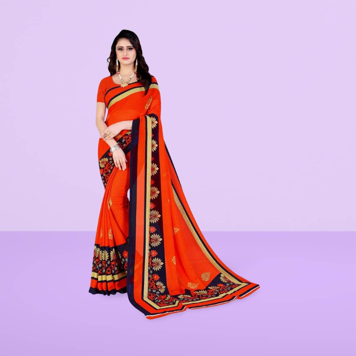     			Vibhagyaa Georgette Printed Saree With Unstitched Blouse Piece ( Orange )