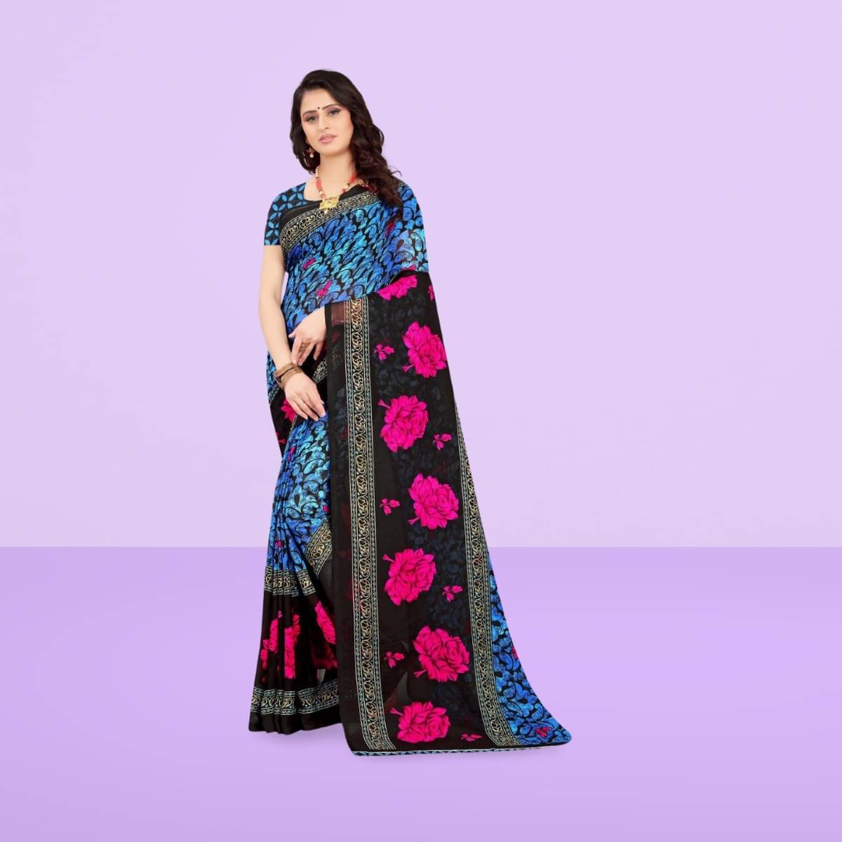    			Vibhagyaa Georgette Printed Saree With Unstitched Blouse Piece ( Blue )