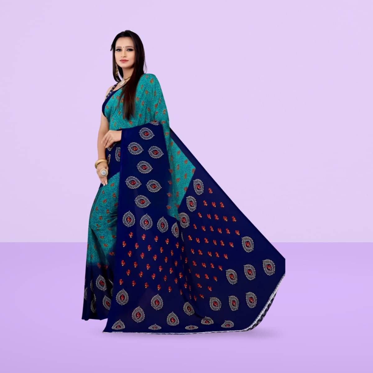 Vibhagyaa Georgette Printed Saree With Unstitched Blouse Piece ( Blue ) Vibhagyaa Georgette Printed Saree With Unstitched Blouse Piece ( Blue )