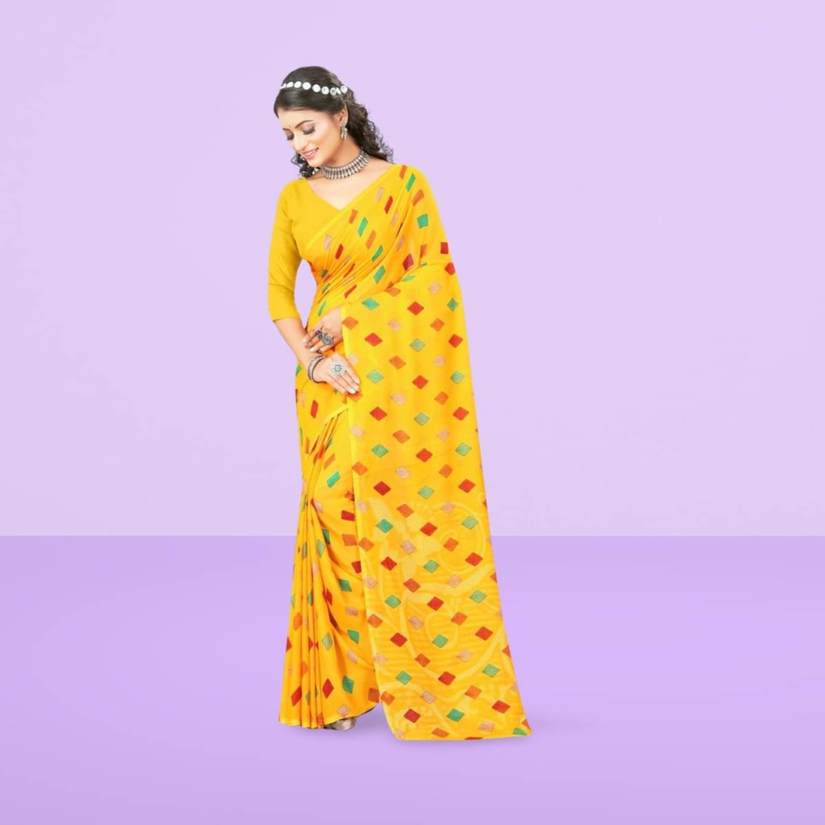 Vibhagyaa Georgette Printed Saree With Unstitched Blouse Piece ( Yellow ) Vibhagyaa Georgette Printed Saree With Unstitched Blouse Piece ( Yellow )