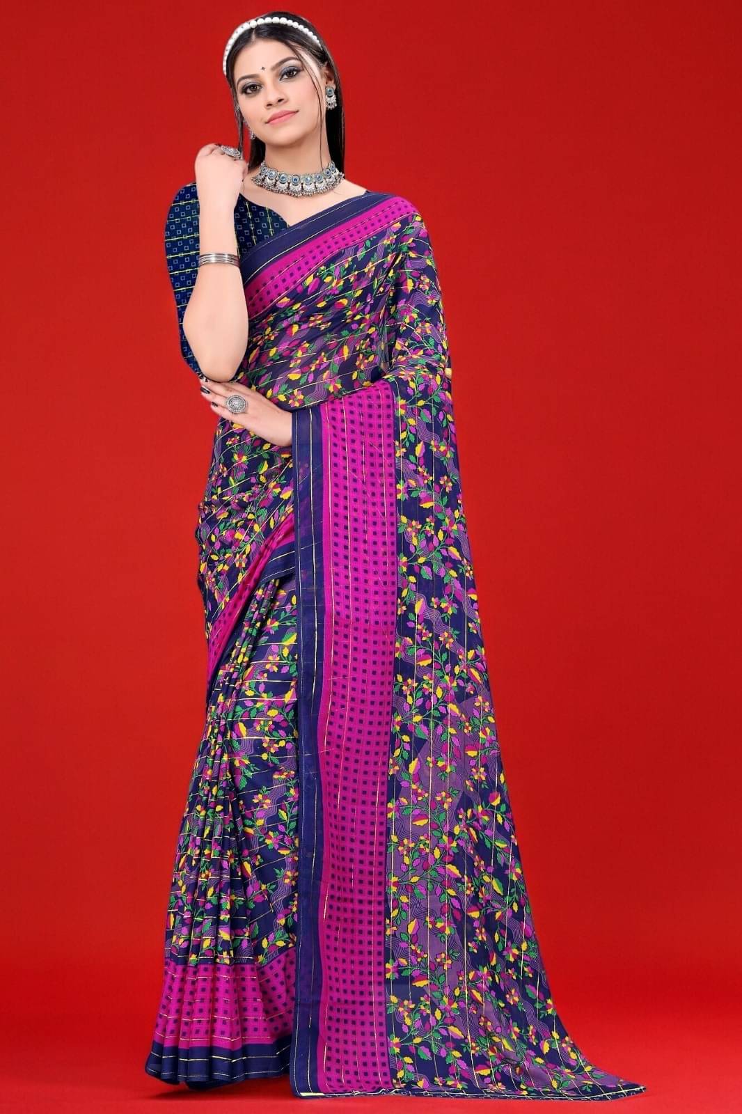     			Vibhagyaa Georgette Printed Saree With Unstitched Blouse Piece ( Pink )