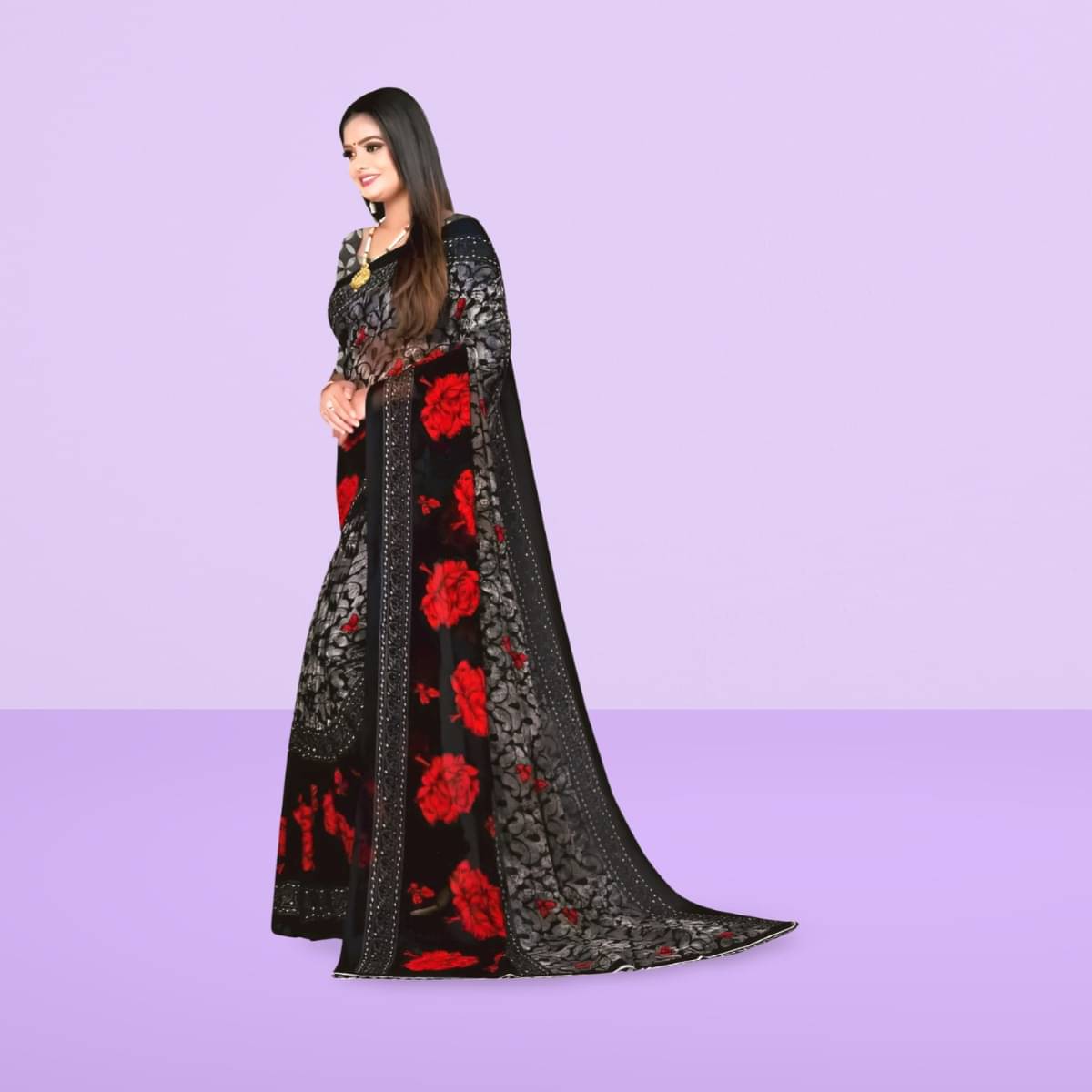     			Vibhagyaa Georgette Printed Saree With Unstitched Blouse Piece ( Black )