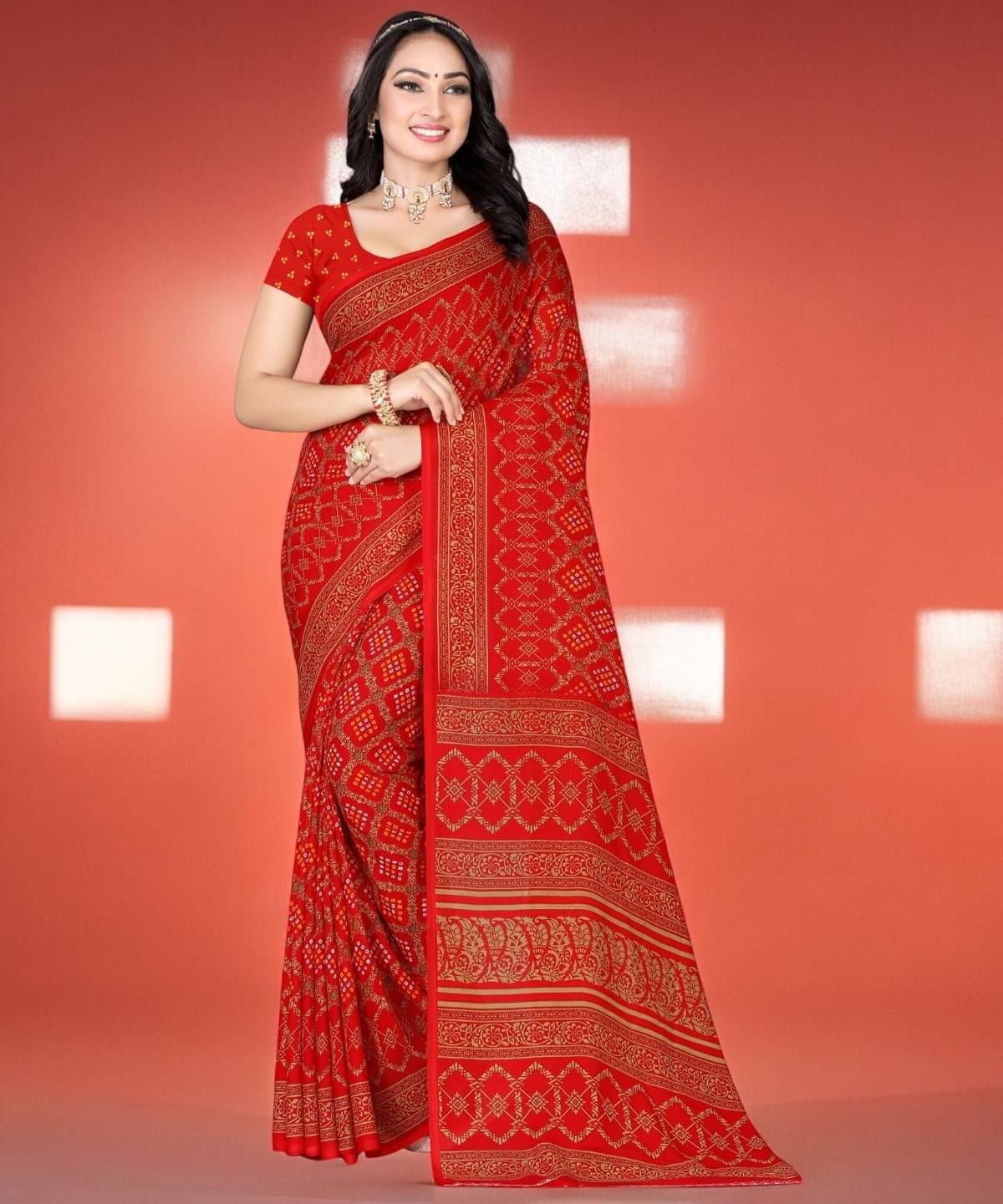     			Vibhagyaa Georgette Printed Saree With Unstitched Blouse Piece ( Red )