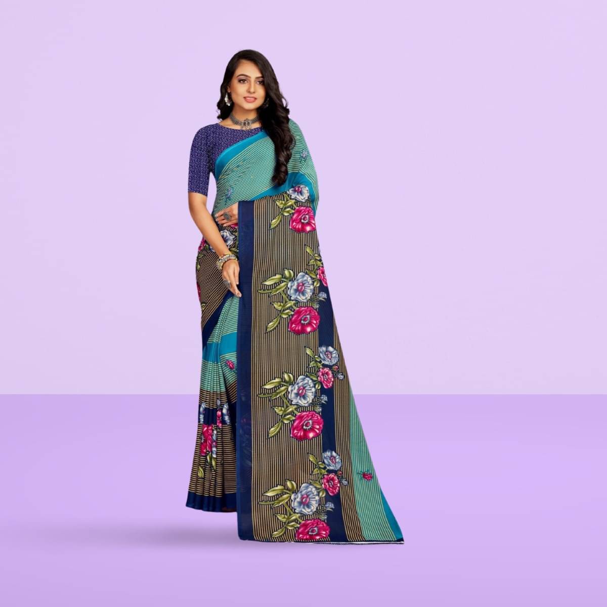     			Vibhagyaa Georgette Printed Saree With Unstitched Blouse Piece ( Blue )