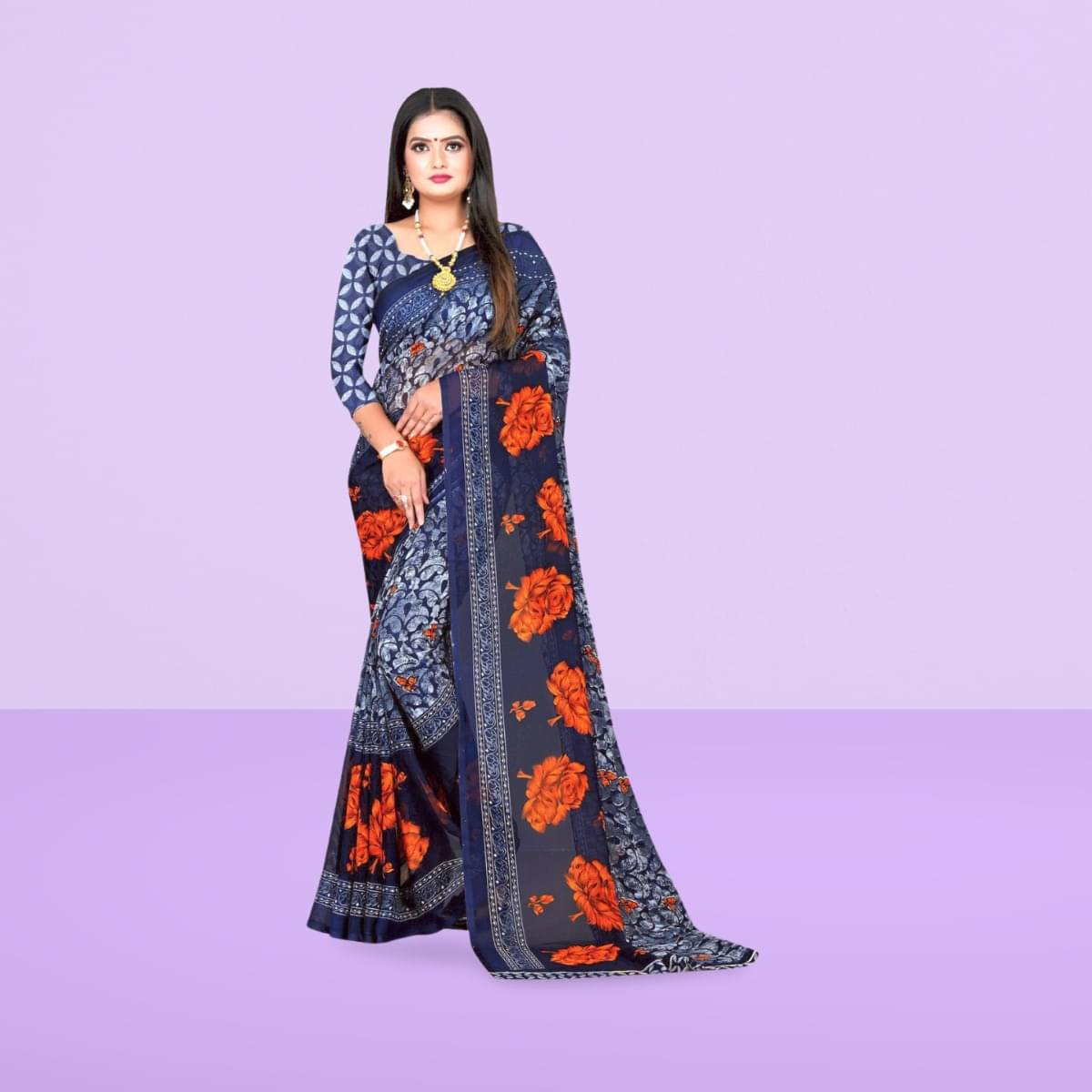     			Vibhagyaa Georgette Printed Saree With Unstitched Blouse Piece ( Blue )