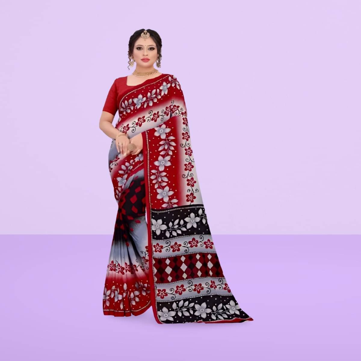     			Vibhagyaa Georgette Printed Saree With Unstitched Blouse Piece ( Red )