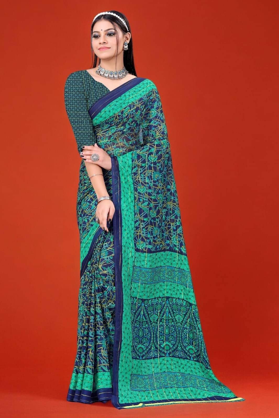     			Vibhagyaa Georgette Printed Saree With Unstitched Blouse Piece ( Green )