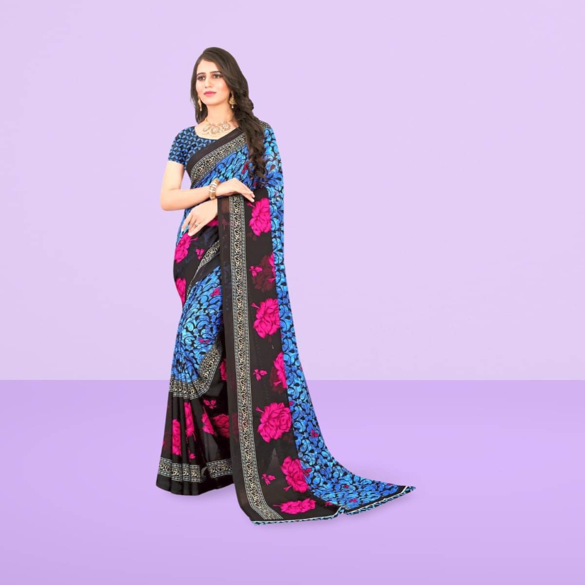     			Vibhagyaa Georgette Printed Saree With Unstitched Blouse Piece ( Blue )