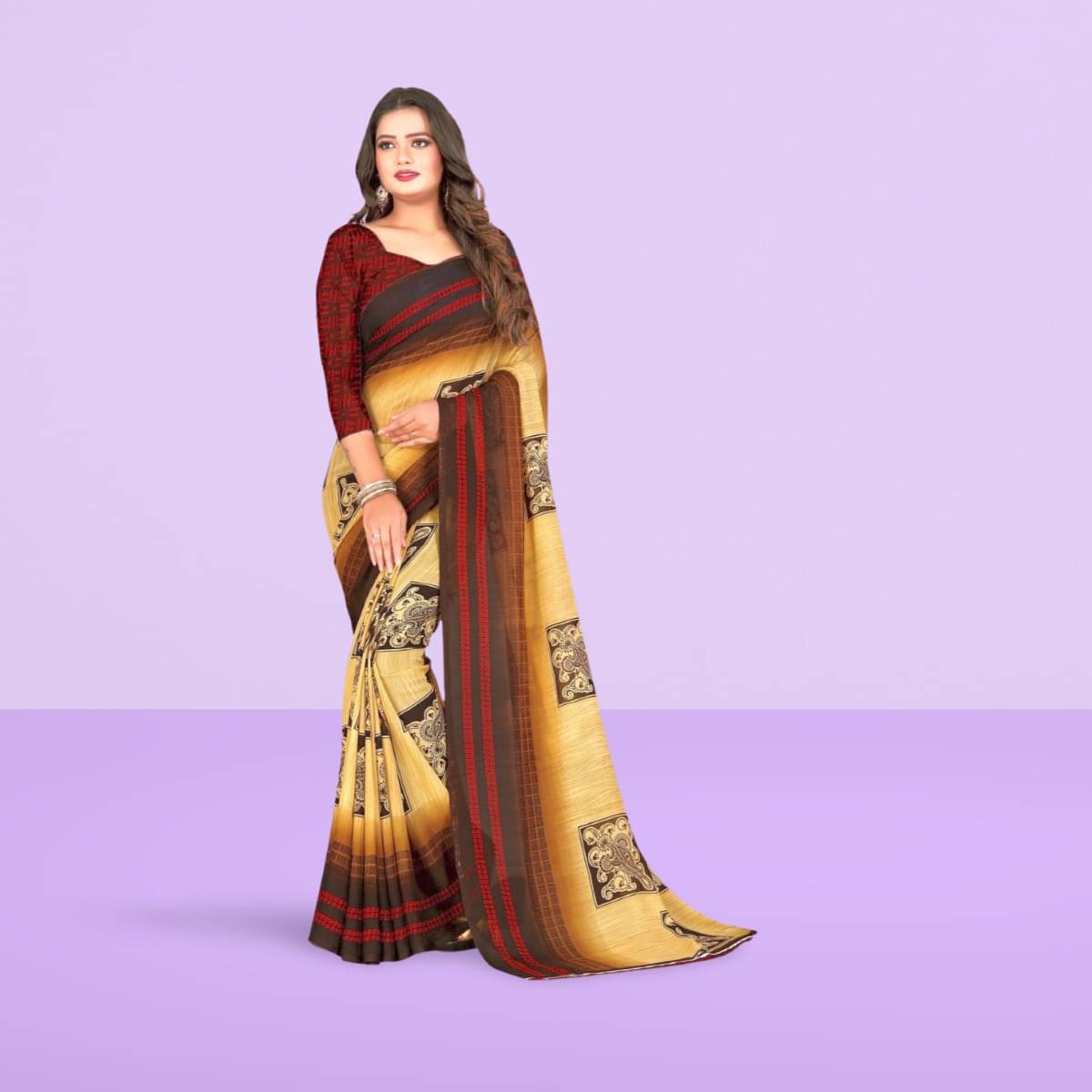     			Vibhagyaa Georgette Printed Saree With Unstitched Blouse Piece ( Maroon )