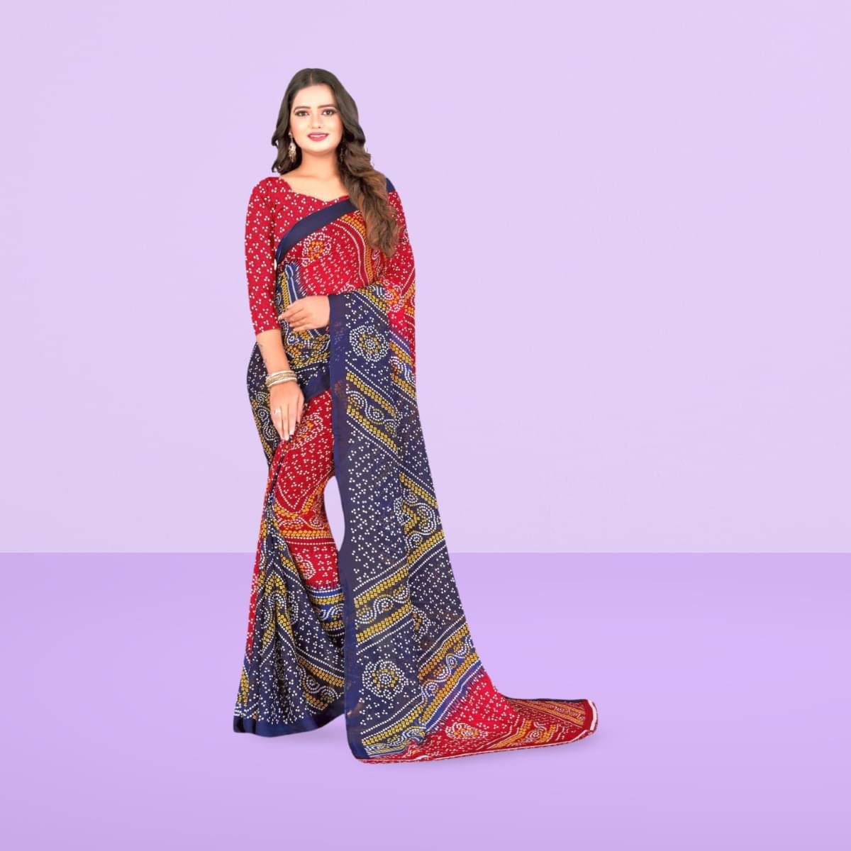 Vibhagyaa Georgette Printed Saree With Unstitched Blouse Piece ( Red ) Vibhagyaa Georgette Printed Saree With Unstitched Blouse Piece ( Red )