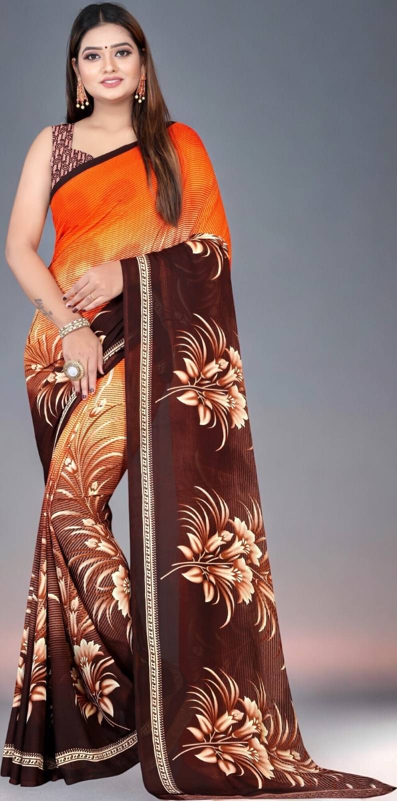 Vibhagyaa Georgette Printed Saree With Unstitched Blouse Piece ( Orange ) Vibhagyaa Georgette Printed Saree With Unstitched Blouse Piece ( Orange )