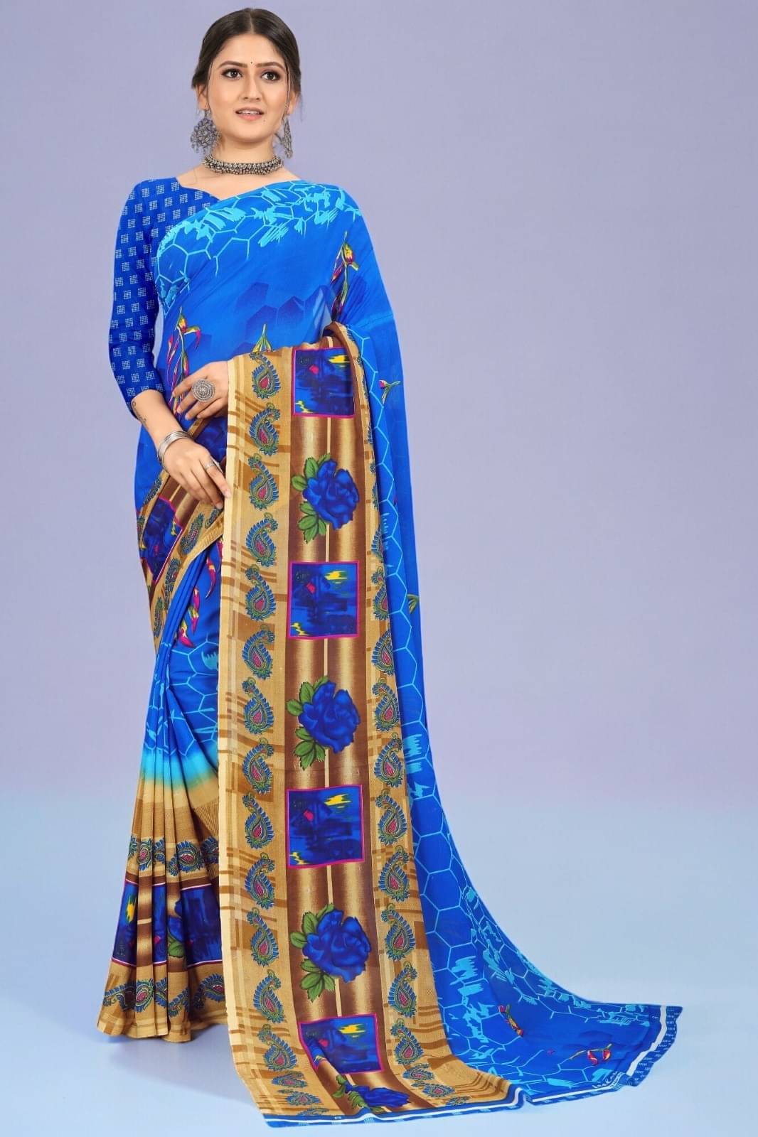 Vibhagyaa Georgette Printed Saree With Unstitched Blouse Piece ( Multicolor ) Vibhagyaa Georgette Printed Saree With Unstitched Blouse Piece ( Multicolor )