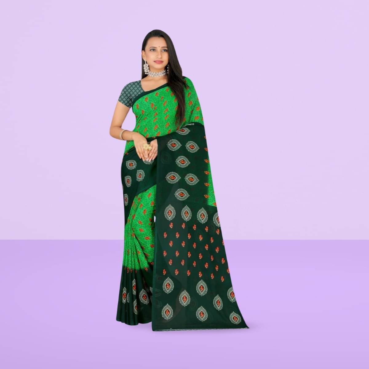 Vibhagyaa Georgette Printed Saree With Unstitched Blouse Piece ( Light Green ) Vibhagyaa Georgette Printed Saree With Unstitched Blouse Piece ( Light Green )