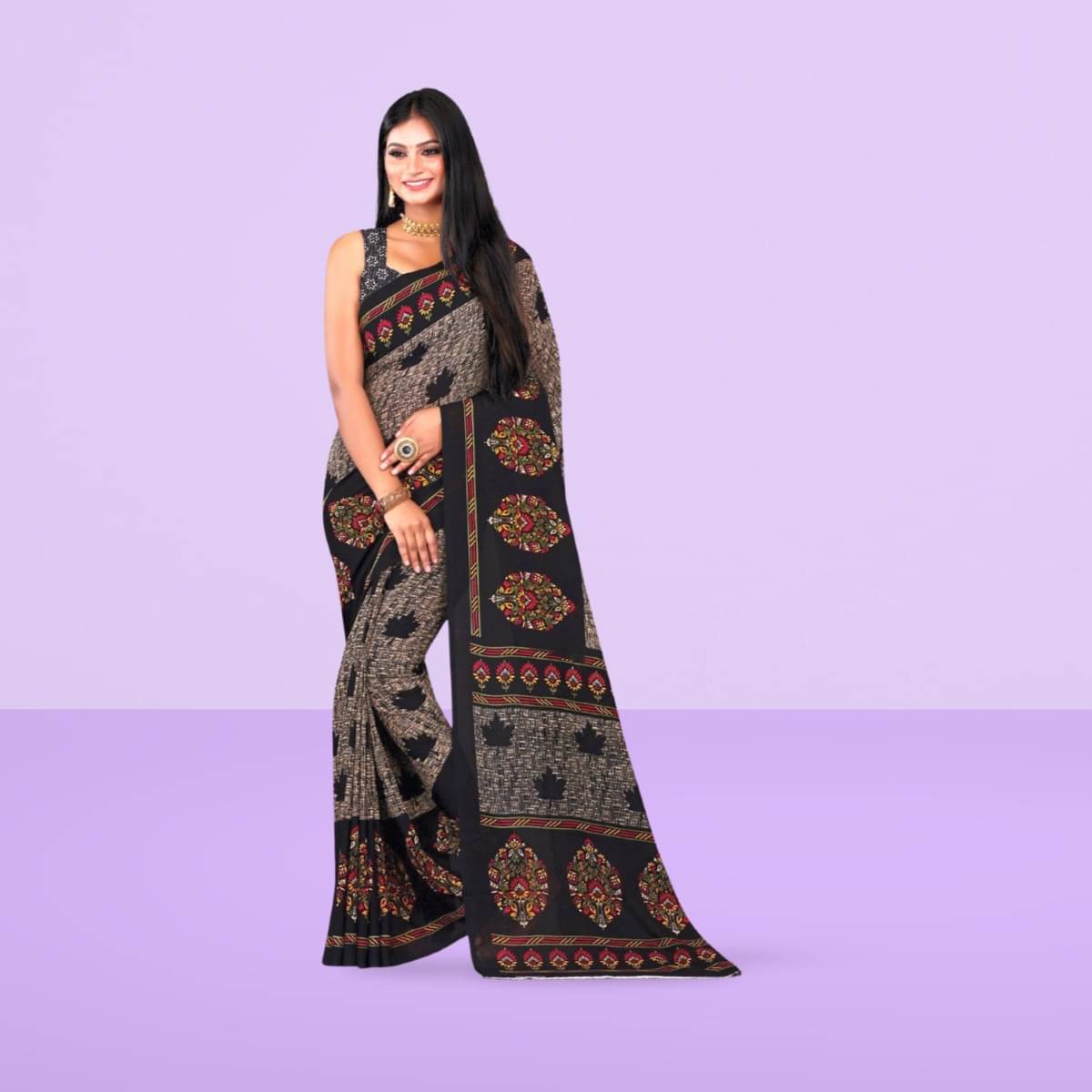 Vibhagyaa Georgette Printed Saree With Unstitched Blouse Piece ( Grey ) Vibhagyaa Georgette Printed Saree With Unstitched Blouse Piece ( Grey )
