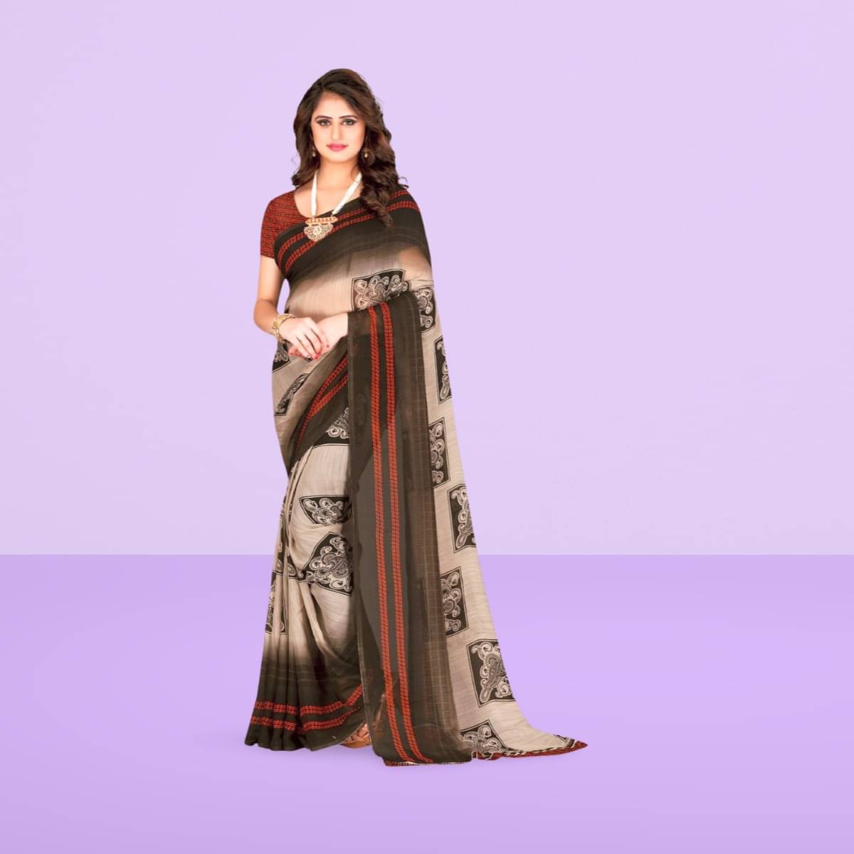 Vibhagyaa Georgette Printed Saree With Unstitched Blouse Piece ( Brown ) Vibhagyaa Georgette Printed Saree With Unstitched Blouse Piece ( Brown )