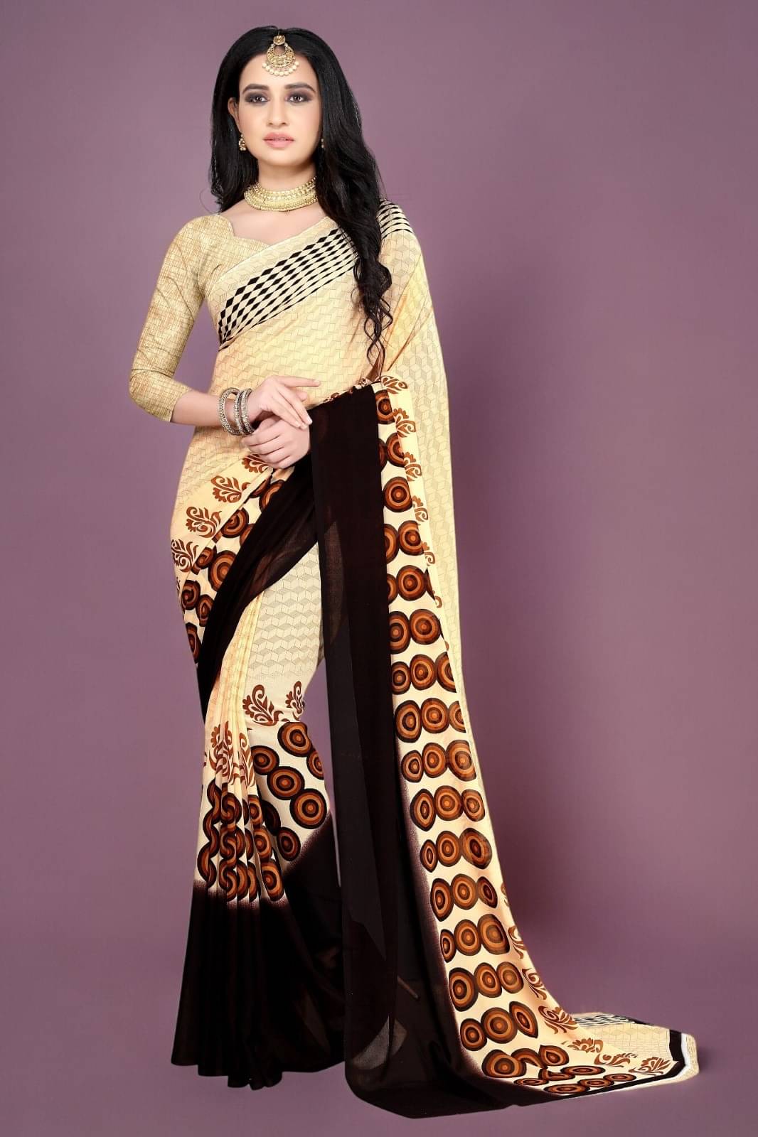 Vibhagyaa Georgette Printed Saree With Unstitched Blouse Piece ( Beige ) Vibhagyaa Georgette Printed Saree With Unstitched Blouse Piece ( Beige )