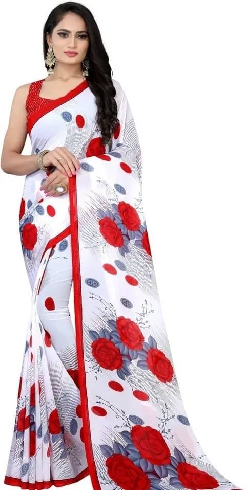 Vibhagyaa Georgette Printed Saree With Unstitched Blouse Piece ( White ) Vibhagyaa Georgette Printed Saree With Unstitched Blouse Piece ( White )