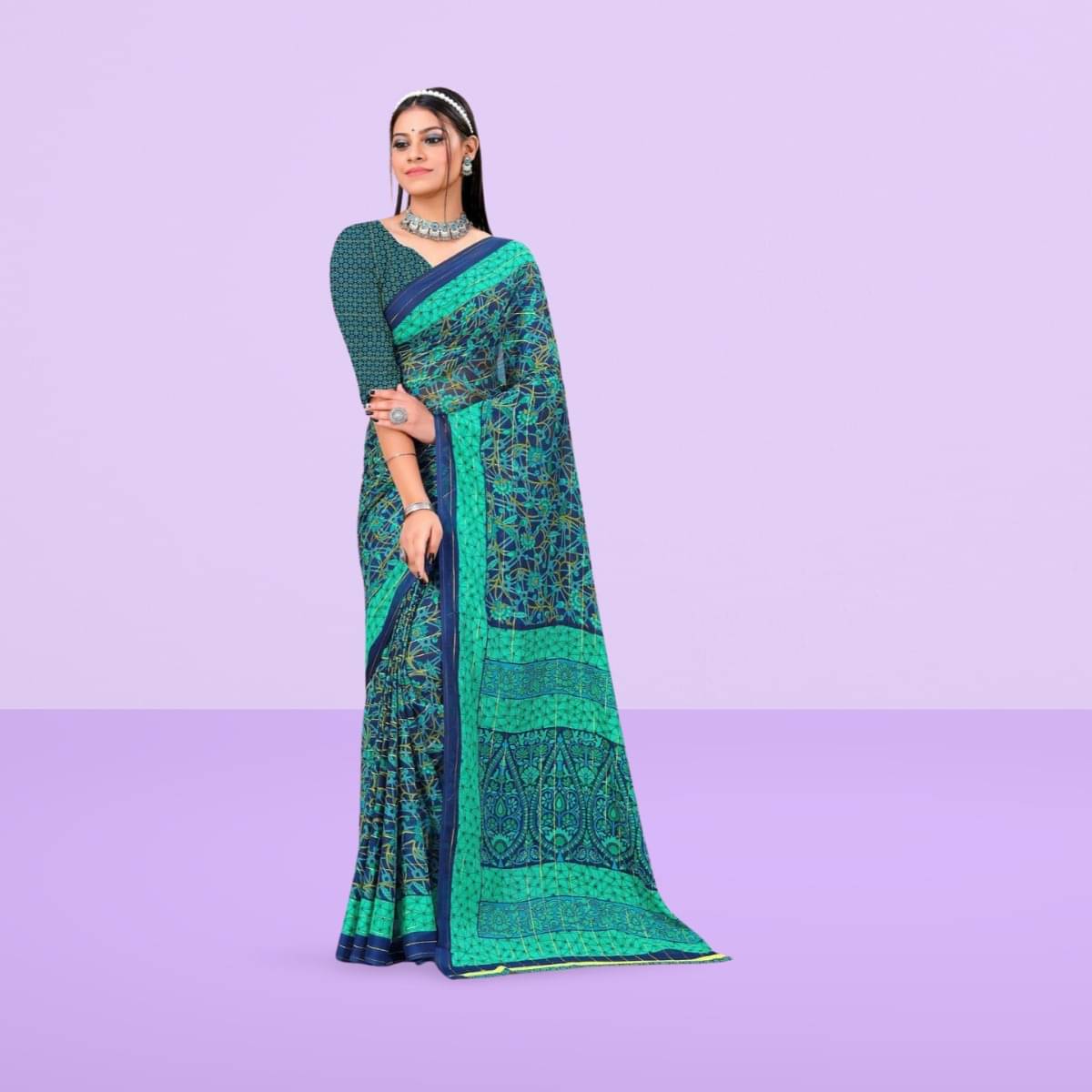     			Vibhagyaa Georgette Printed Saree With Unstitched Blouse Piece ( Green )