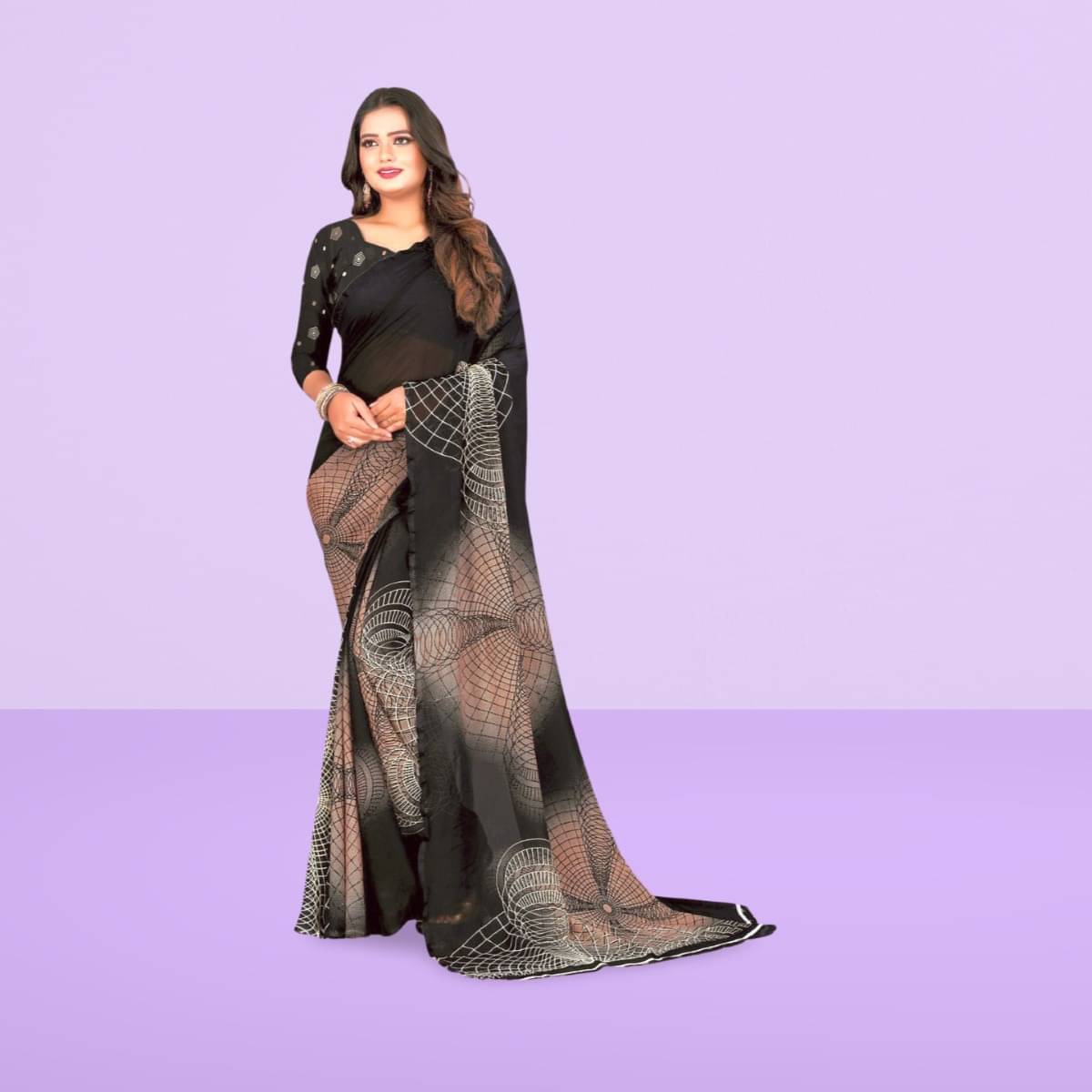     			Vibhagyaa Georgette Printed Saree With Unstitched Blouse Piece ( Black )