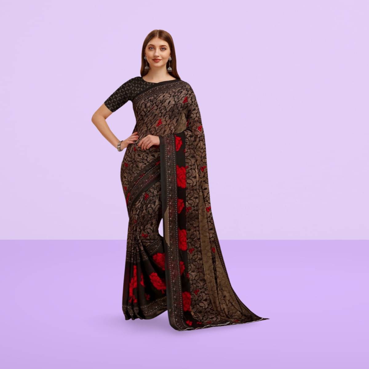     			Vibhagyaa Georgette Printed Saree With Unstitched Blouse Piece ( Black )