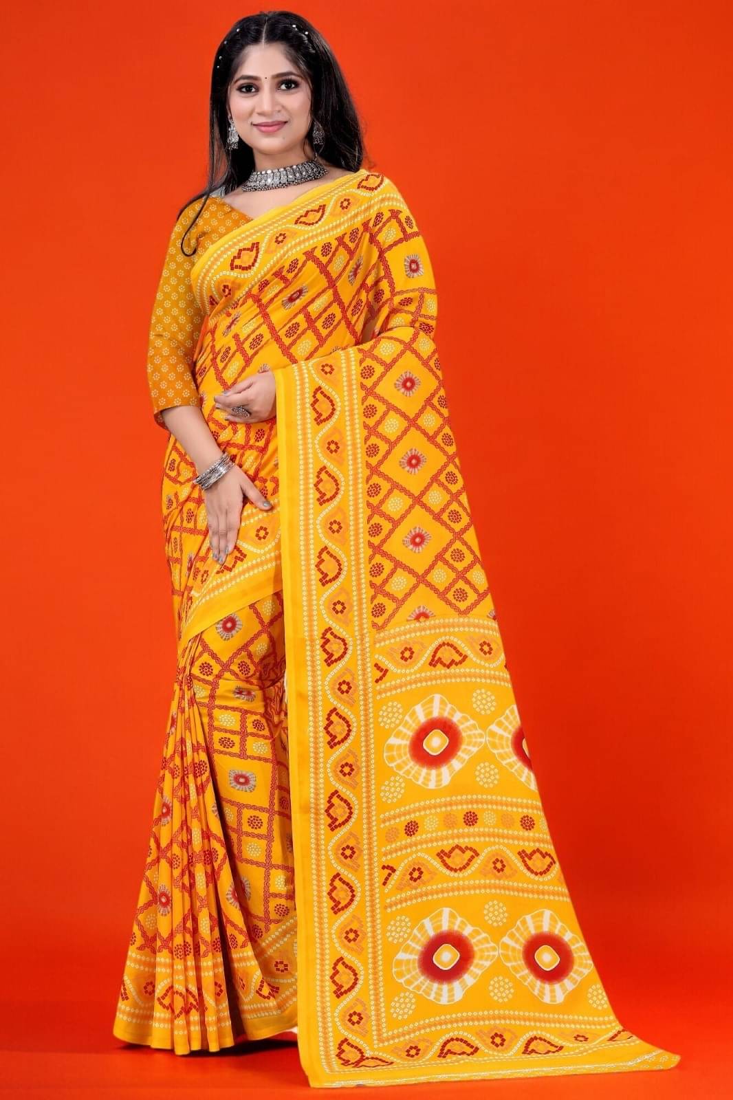Vibhagyaa Georgette Printed Saree With Unstitched Blouse Piece ( Yellow ) Vibhagyaa Georgette Printed Saree With Unstitched Blouse Piece ( Yellow )
