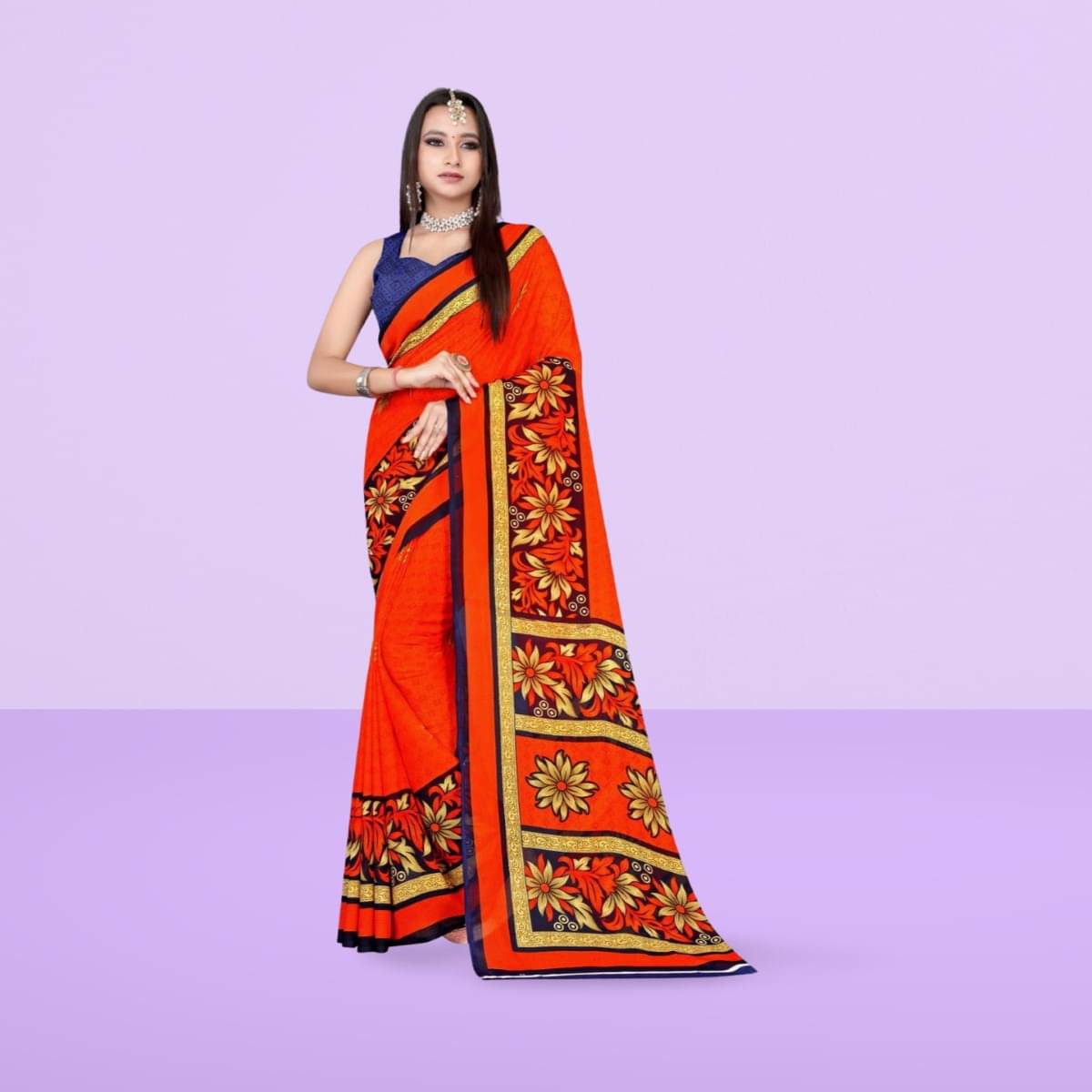     			Vibhagyaa Georgette Printed Saree With Unstitched Blouse Piece ( Orange )