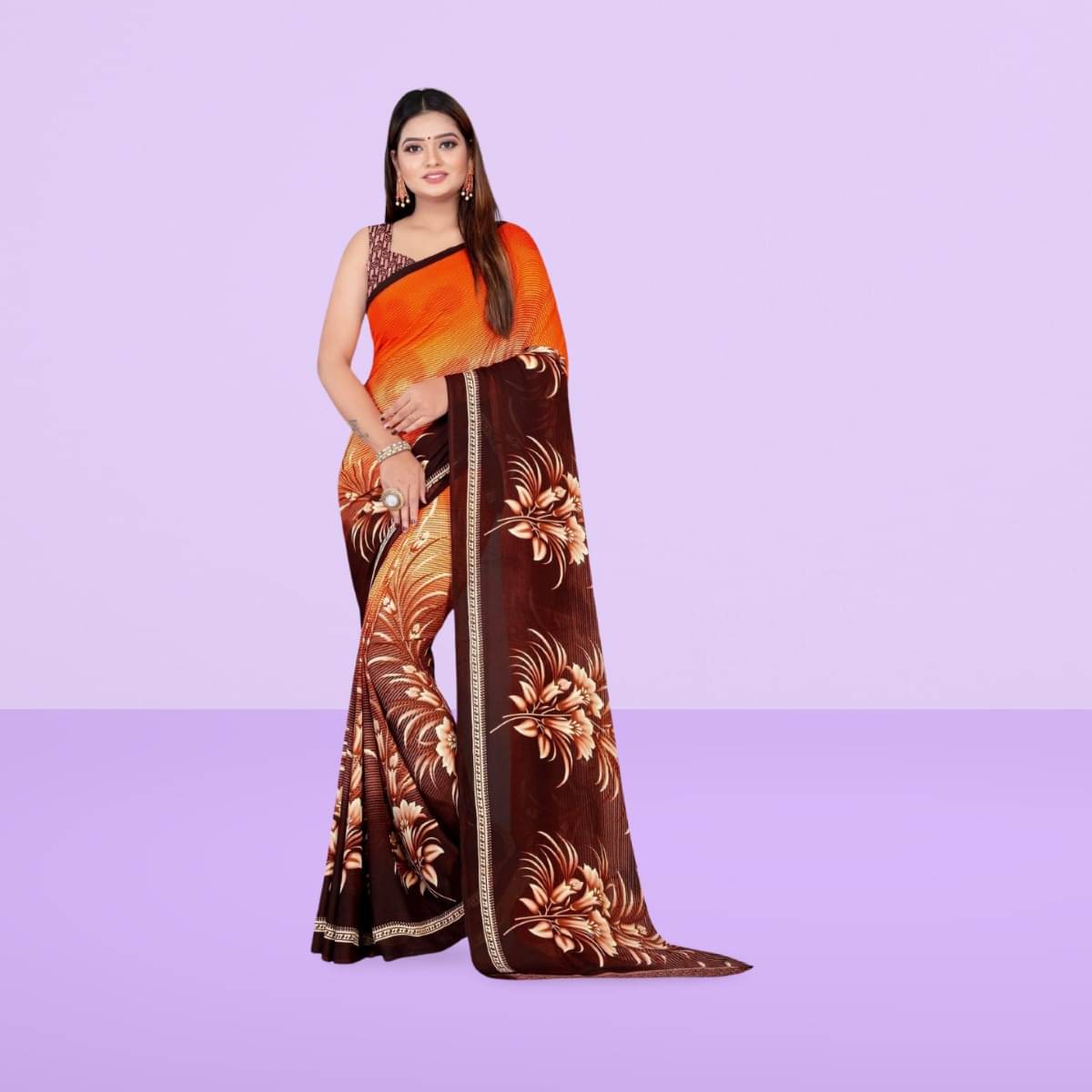     			Vibhagyaa Georgette Printed Saree With Unstitched Blouse Piece ( Orange )