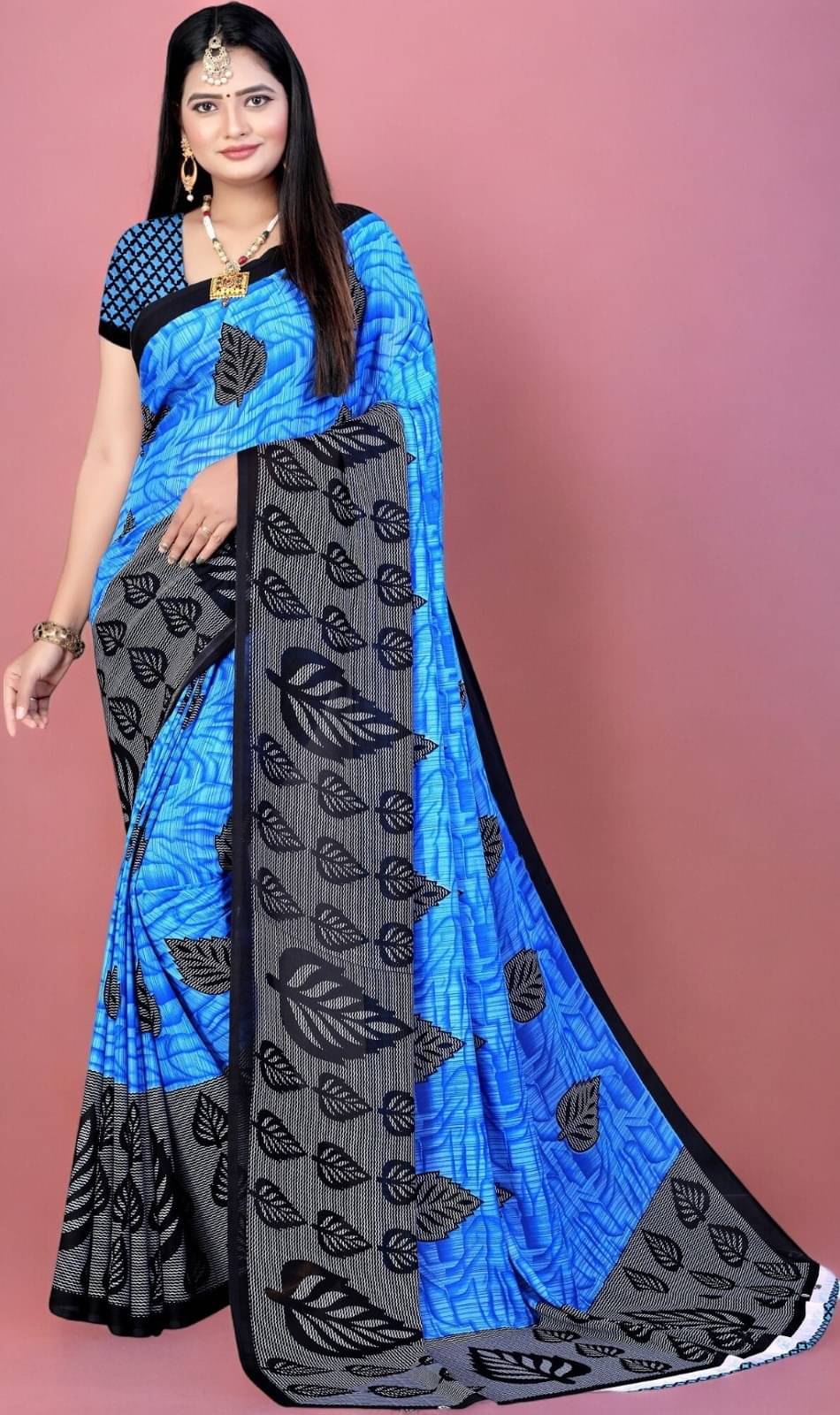Vibhagyaa Georgette Printed Saree With Unstitched Blouse Piece ( Blue )     			Vibhagyaa Georgette Printed Saree With Unstitched Blouse Piece ( Blue )