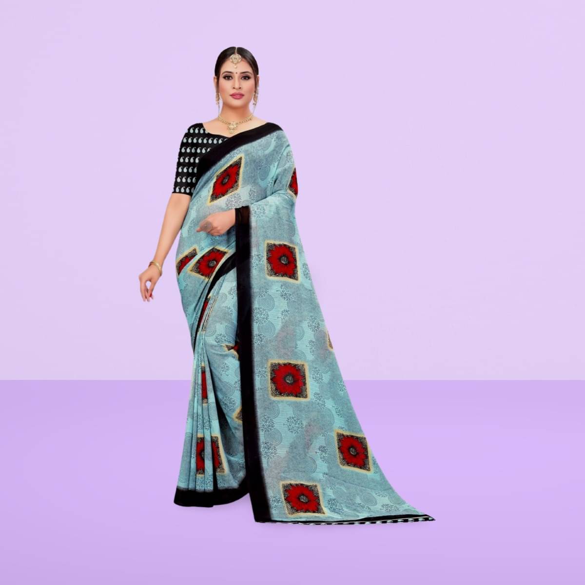 Vibhagyaa Georgette Printed Saree With Unstitched Blouse Piece ( Light Blue )     			Vibhagyaa Georgette Printed Saree With Unstitched Blouse Piece ( Light Blue )