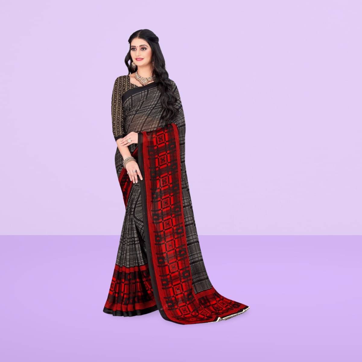     			Vibhagyaa Georgette Printed Saree With Unstitched Blouse Piece ( Black )