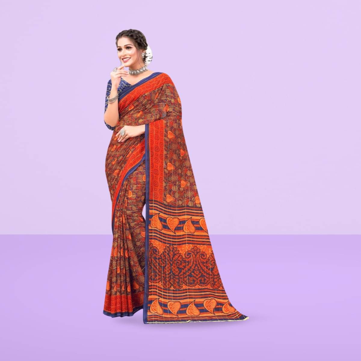     			Vibhagyaa Georgette Printed Saree With Unstitched Blouse Piece ( Orange )