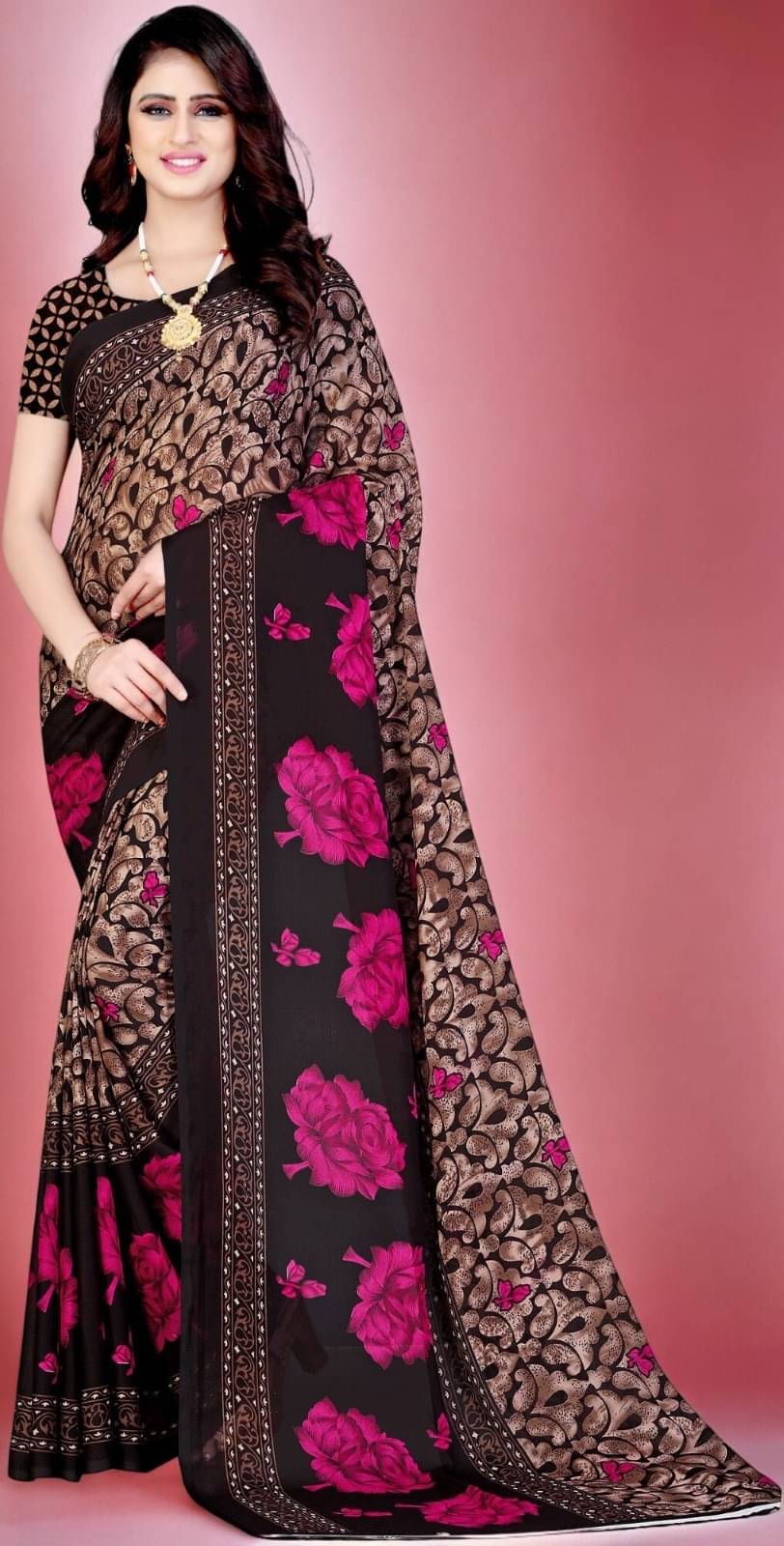     			Vibhagyaa Georgette Printed Saree With Unstitched Blouse Piece ( Black )
