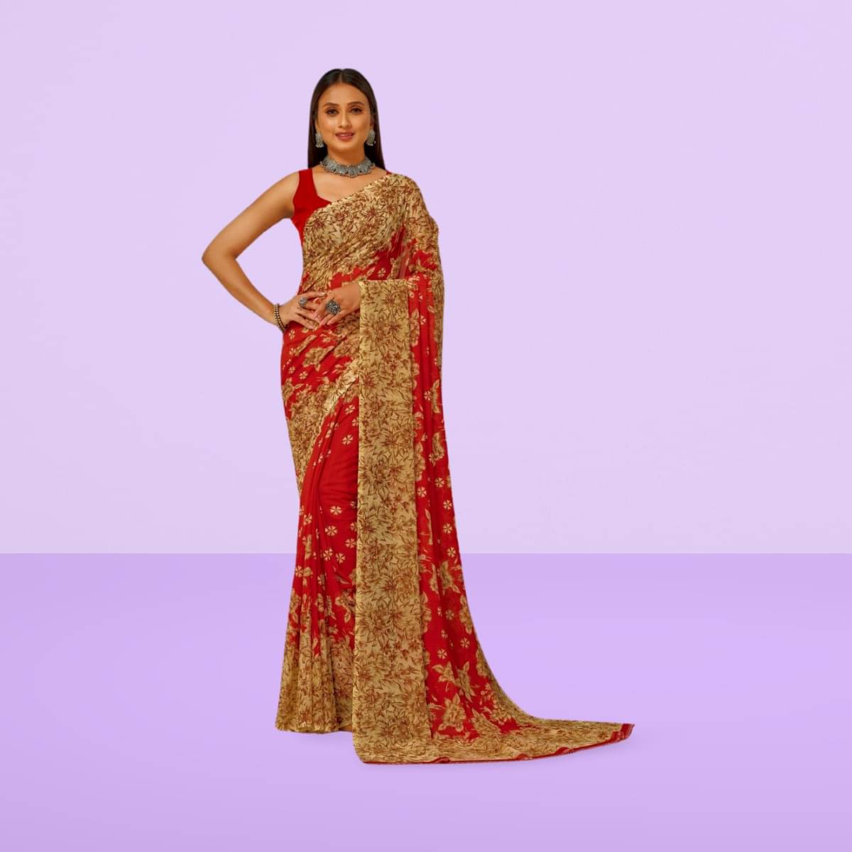     			Vibhagyaa Georgette Printed Saree With Unstitched Blouse Piece ( Red )