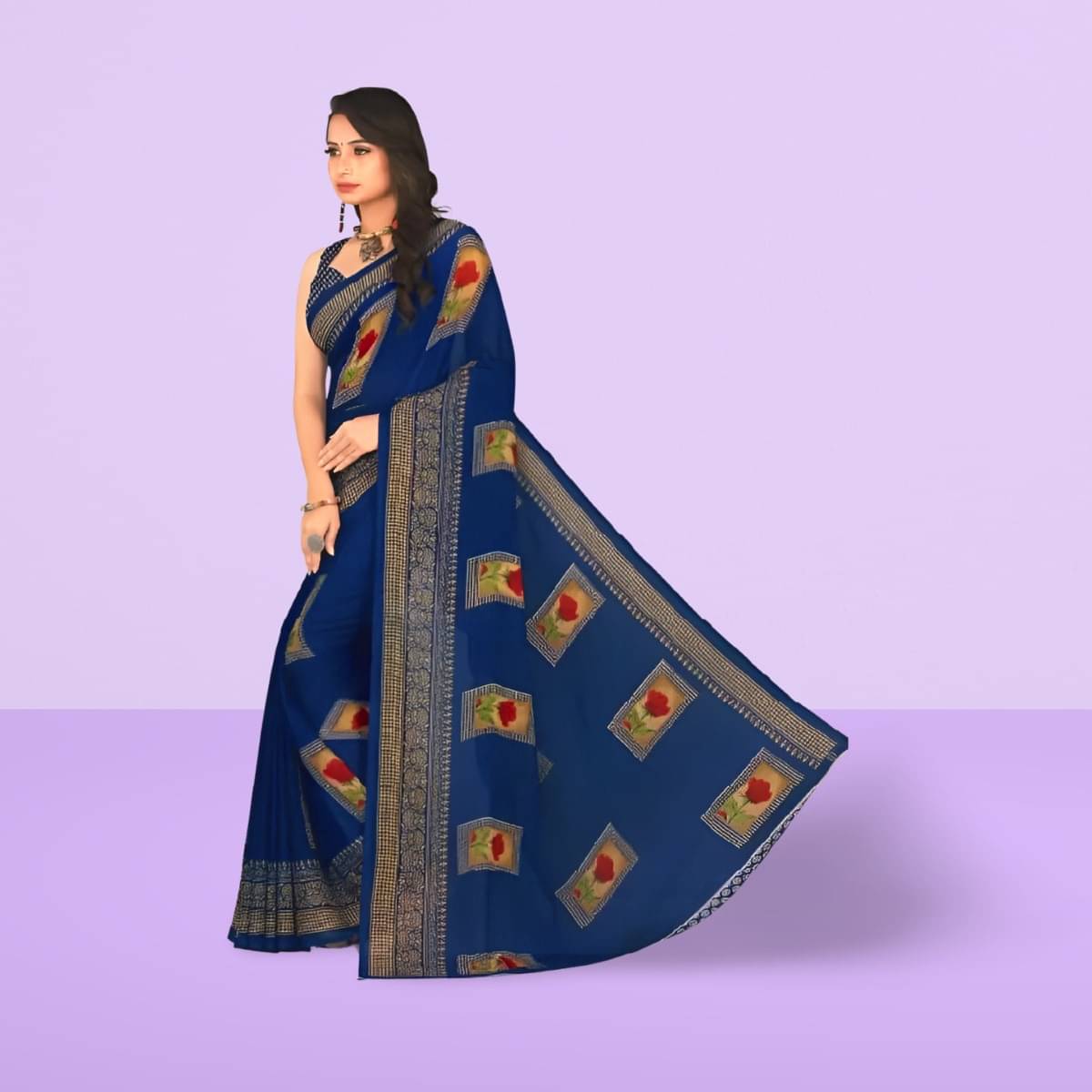 Vibhagyaa Georgette Printed Saree With Unstitched Blouse Piece ( Blue )     			Vibhagyaa Georgette Printed Saree With Unstitched Blouse Piece ( Blue )