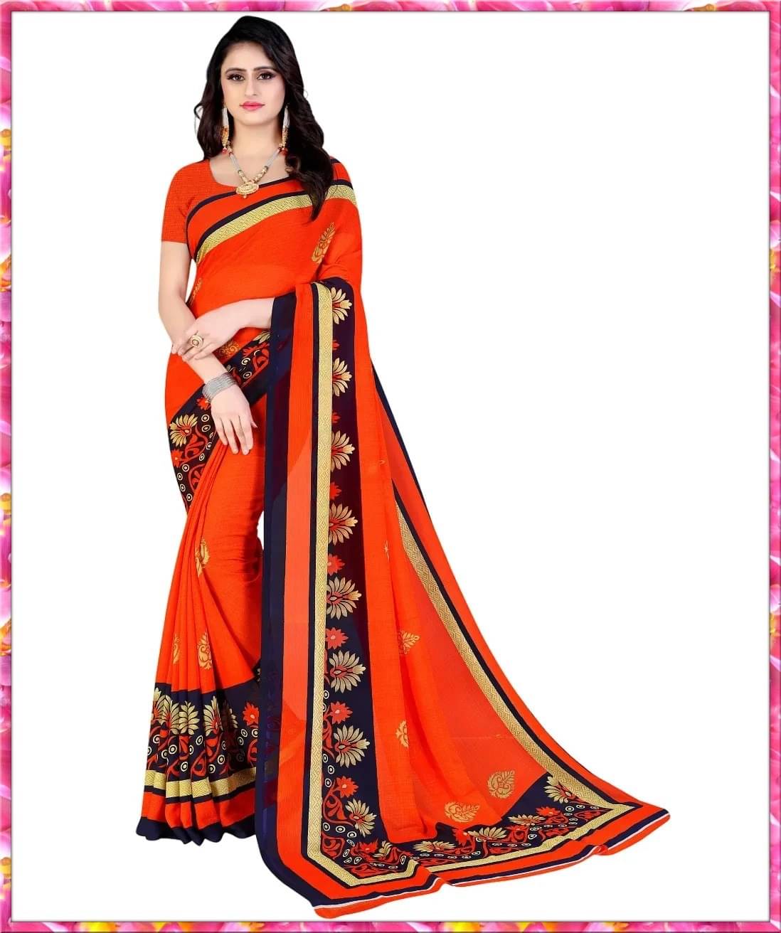    			Vibhagyaa Georgette Printed Saree With Unstitched Blouse Piece ( Orange )