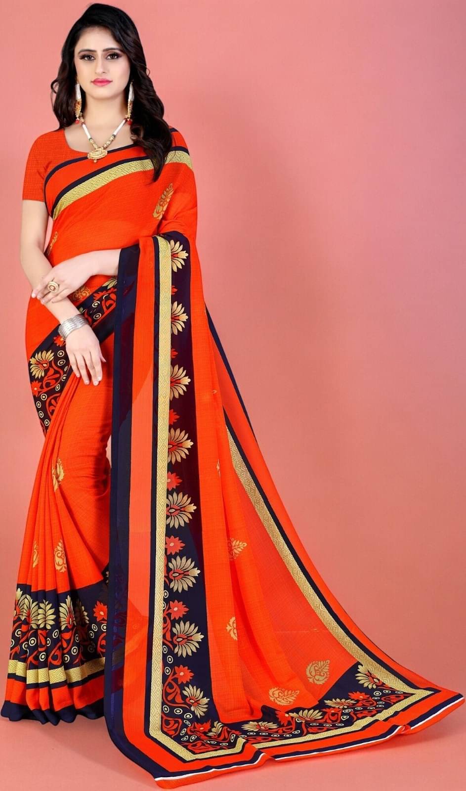 Vibhagyaa Georgette Printed Saree With Unstitched Blouse Piece ( Orange ) Vibhagyaa Georgette Printed Saree With Unstitched Blouse Piece ( Orange )