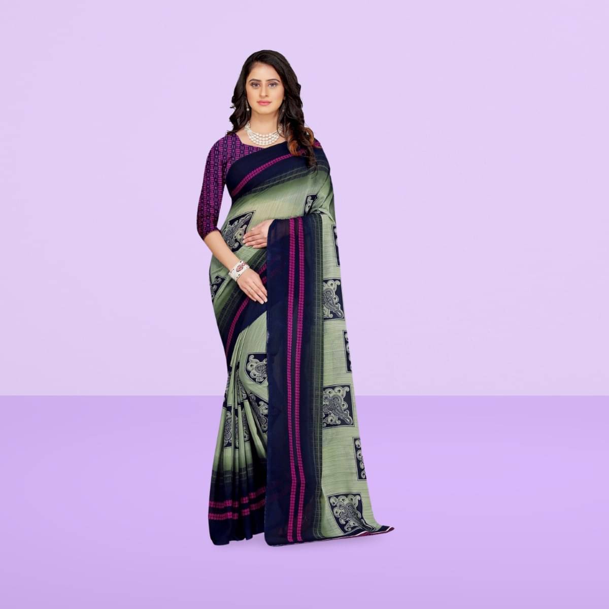     			Vibhagyaa Georgette Printed Saree With Unstitched Blouse Piece ( Light Green )