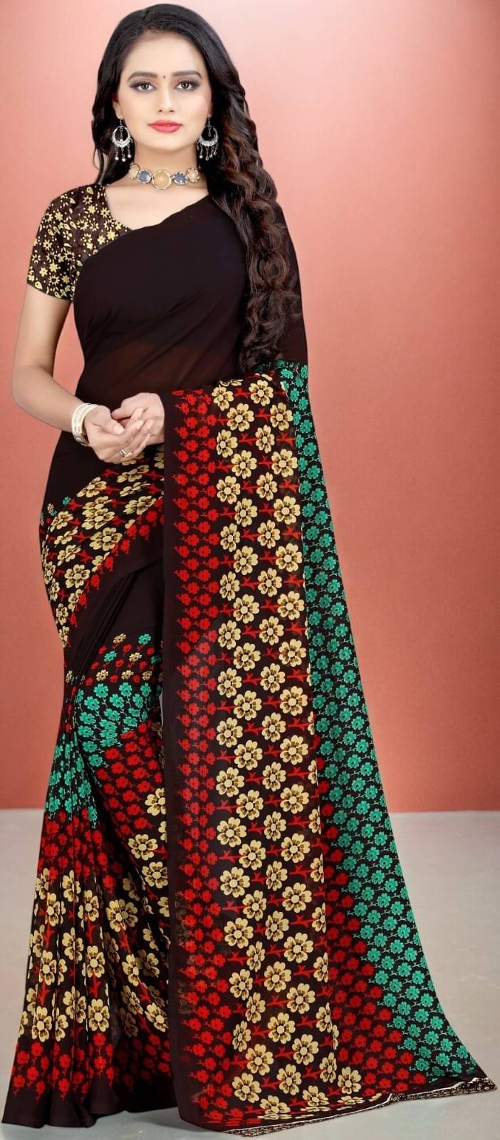 Vibhagyaa Georgette Printed Saree With Unstitched Blouse Piece ( Black ) Vibhagyaa Georgette Printed Saree With Unstitched Blouse Piece ( Black )