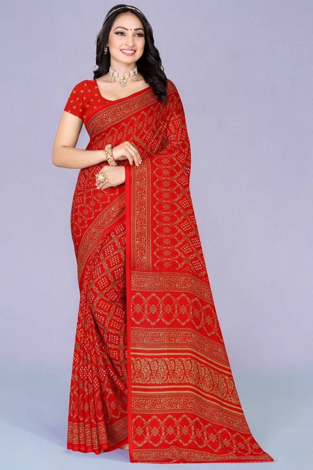     			Vibhagyaa Georgette Printed Saree With Unstitched Blouse Piece ( Red )
