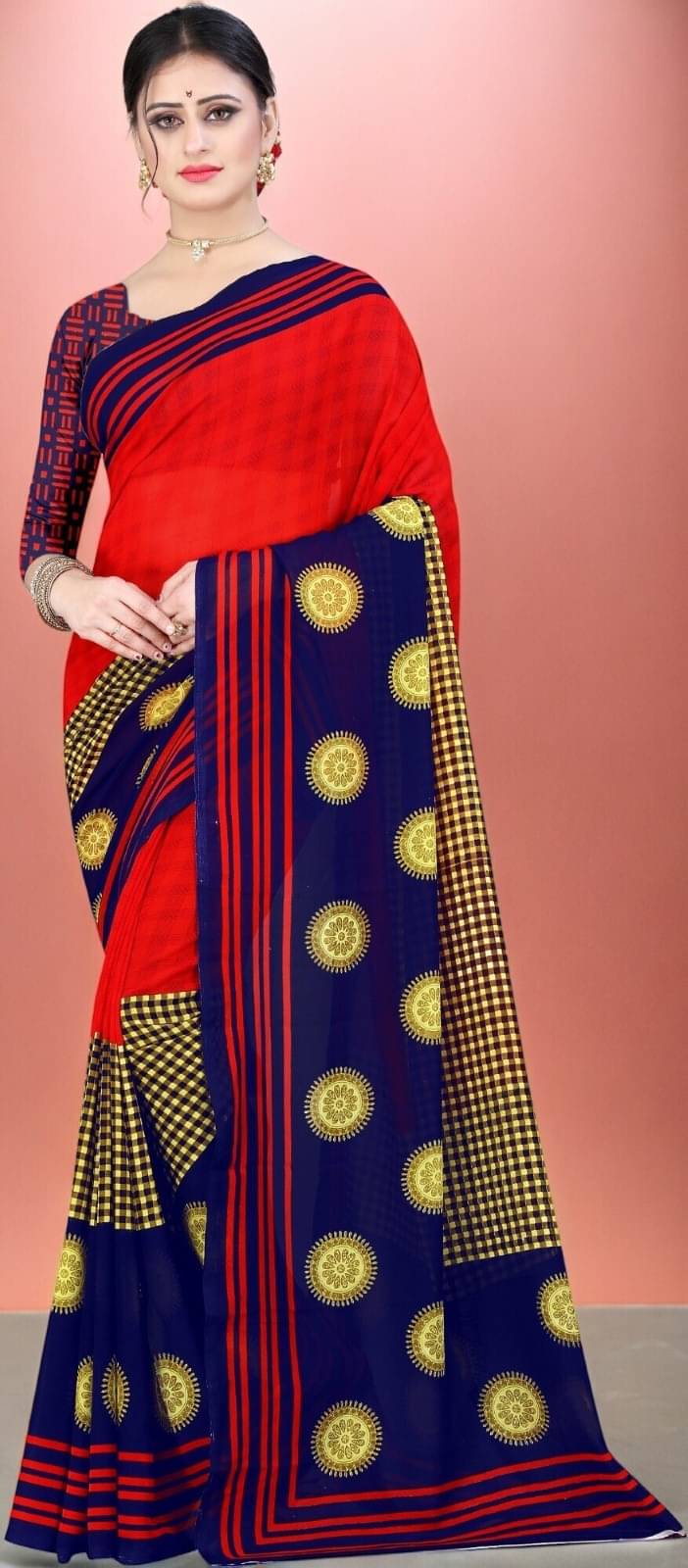 Vibhagyaa Georgette Printed Saree With Unstitched Blouse Piece ( Red ) Vibhagyaa Georgette Printed Saree With Unstitched Blouse Piece ( Red )