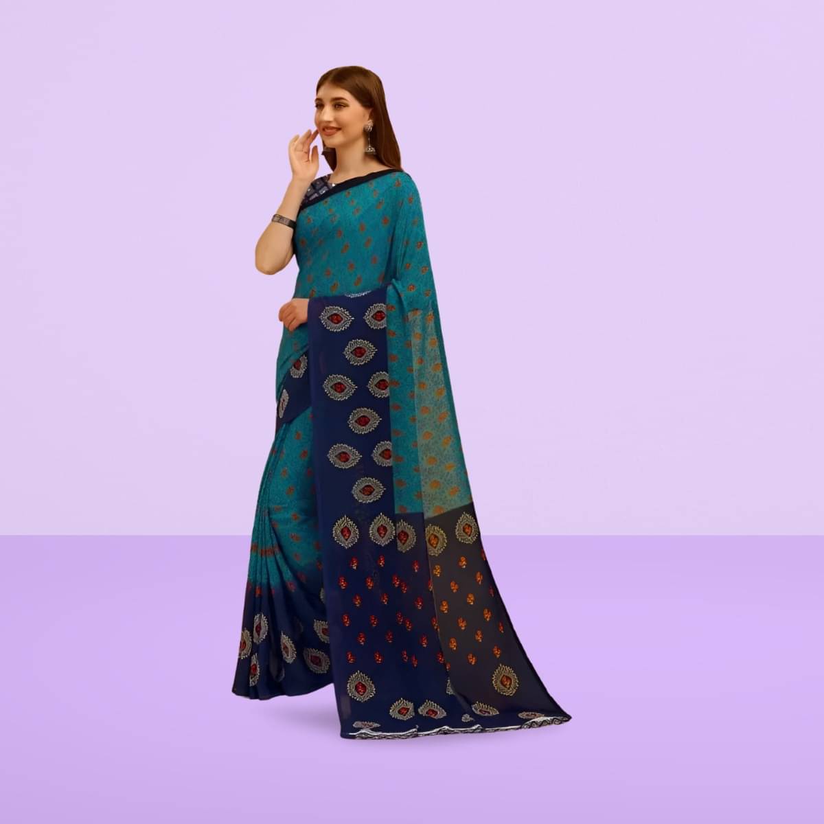     			Vibhagyaa Georgette Printed Saree With Unstitched Blouse Piece ( Blue )