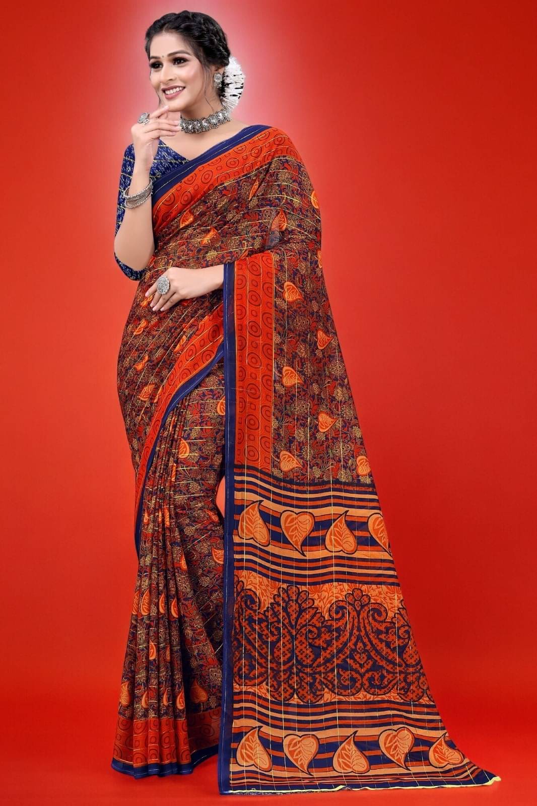 Vibhagyaa Georgette Printed Saree With Unstitched Blouse Piece ( Orange ) Vibhagyaa Georgette Printed Saree With Unstitched Blouse Piece ( Orange )
