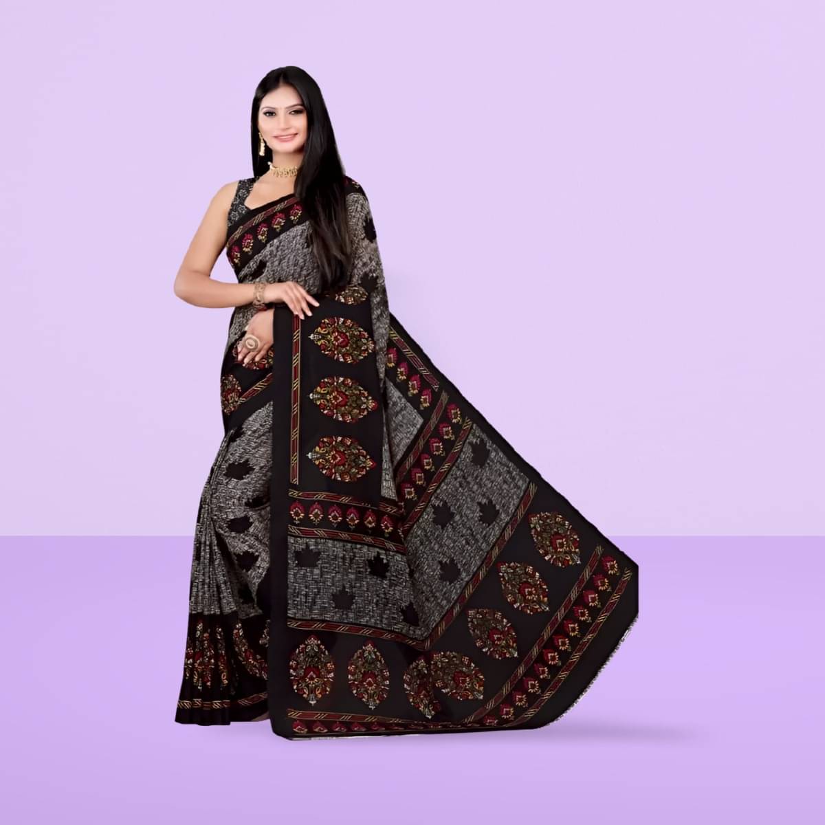 Vibhagyaa Georgette Printed Saree With Unstitched Blouse Piece ( Grey ) Vibhagyaa Georgette Printed Saree With Unstitched Blouse Piece ( Grey )