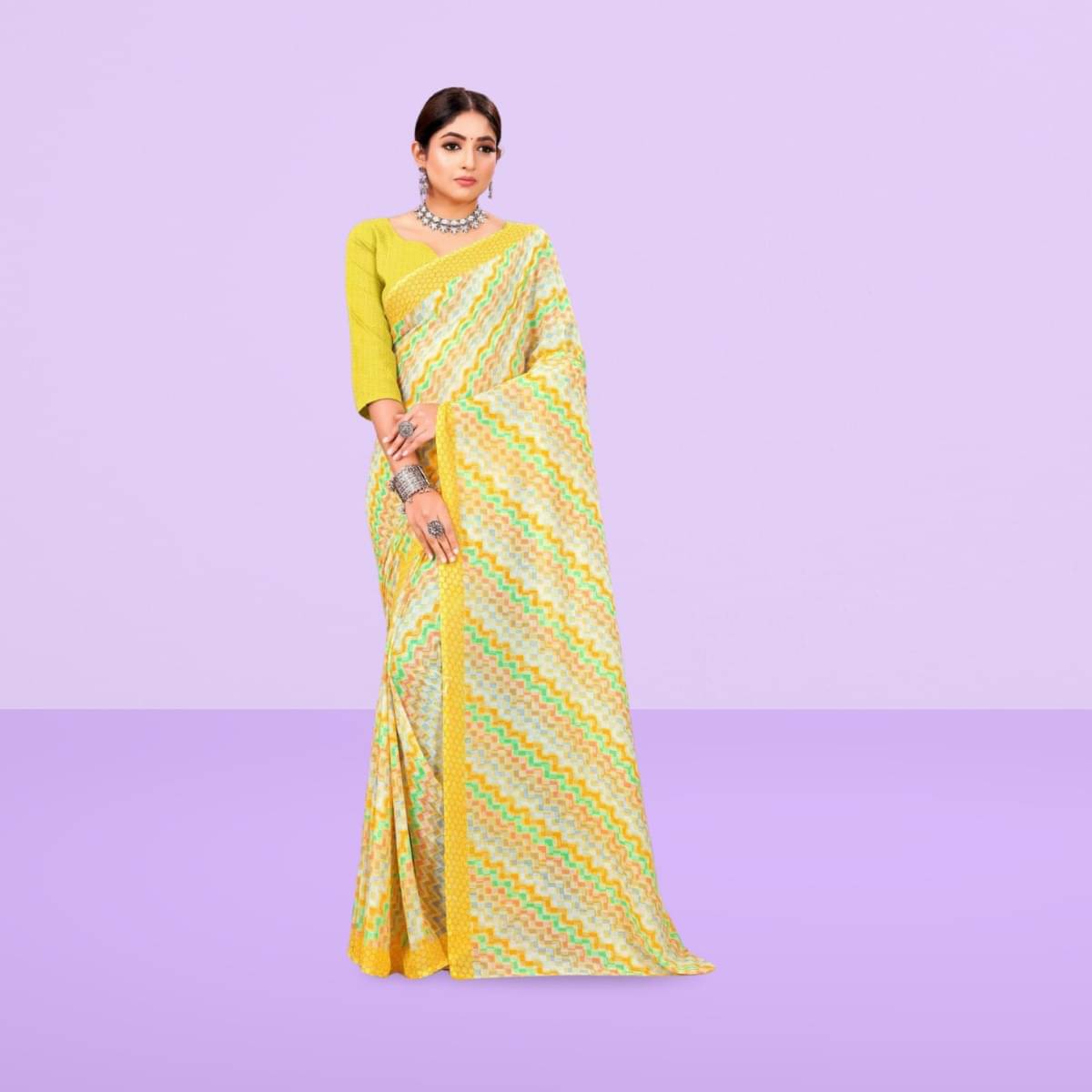 Vibhagyaa Georgette Printed Saree With Unstitched Blouse Piece ( Yellow ) Vibhagyaa Georgette Printed Saree With Unstitched Blouse Piece ( Yellow )