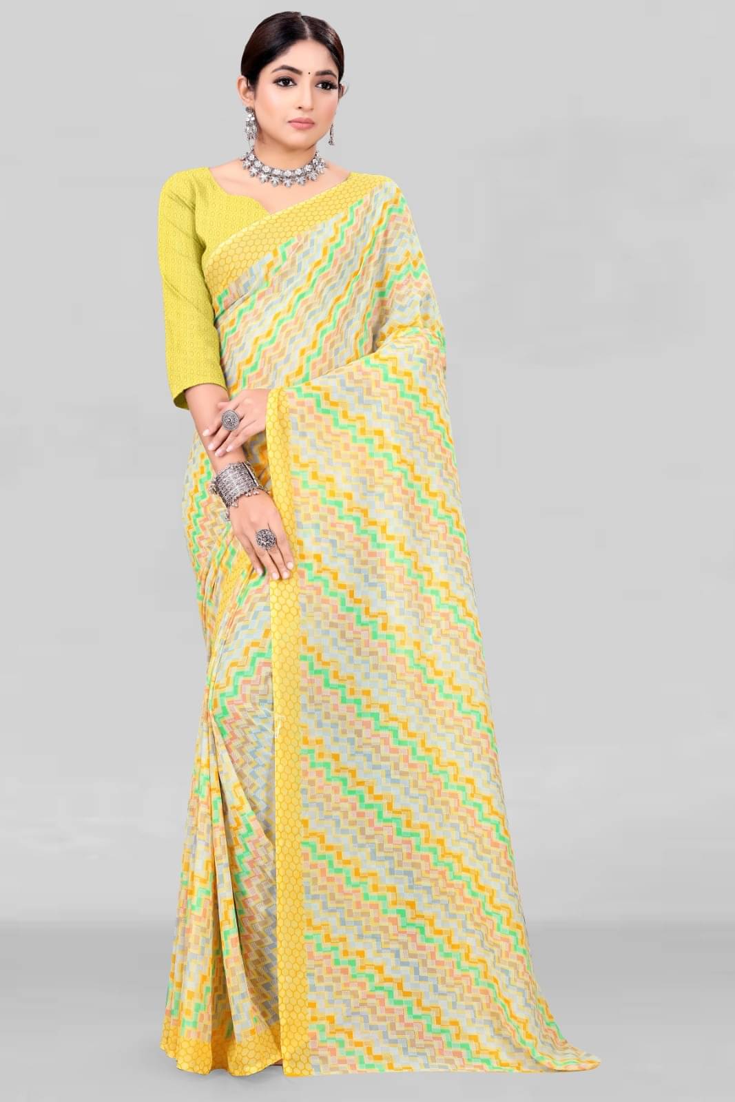 Vibhagyaa Georgette Printed Saree With Unstitched Blouse Piece ( Yellow )     			Vibhagyaa Georgette Printed Saree With Unstitched Blouse Piece ( Yellow )